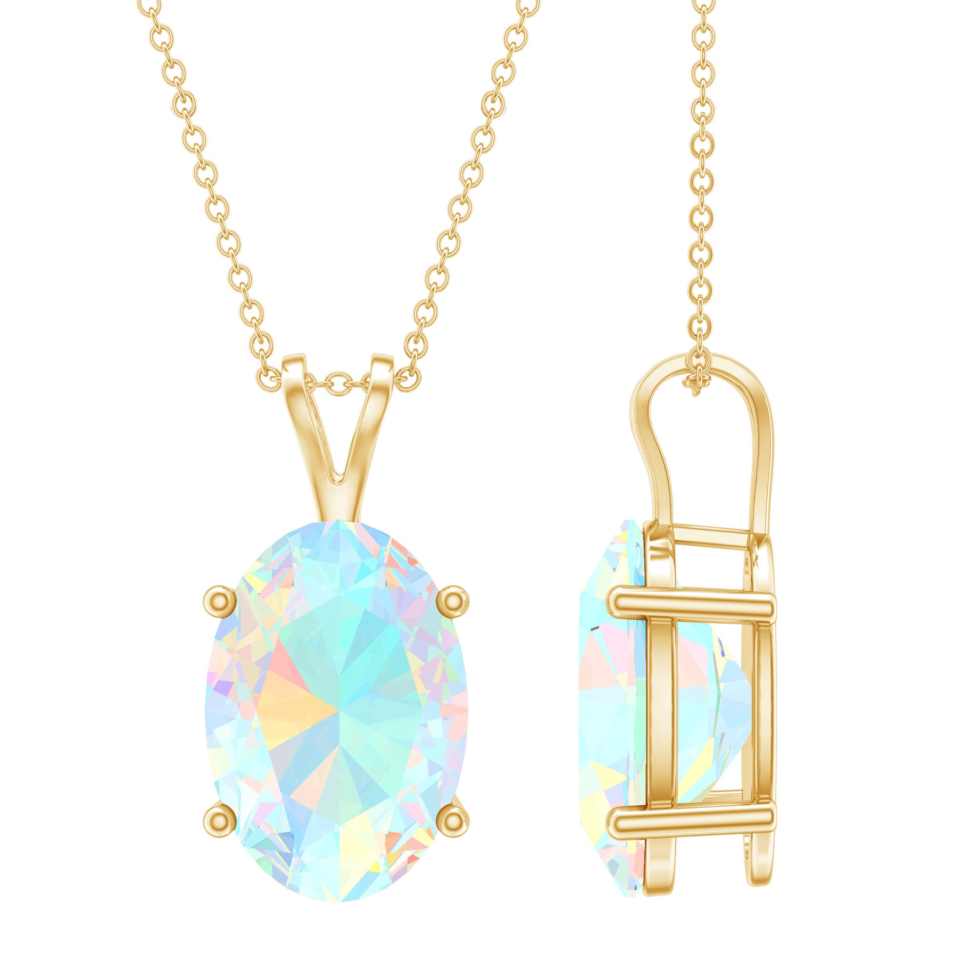 5.63 Carat Oval Shaped Huge Ethiopian Opal Necklace with Chain AAA 14K Yellow Gold Plated Silver - Rosec Jewels