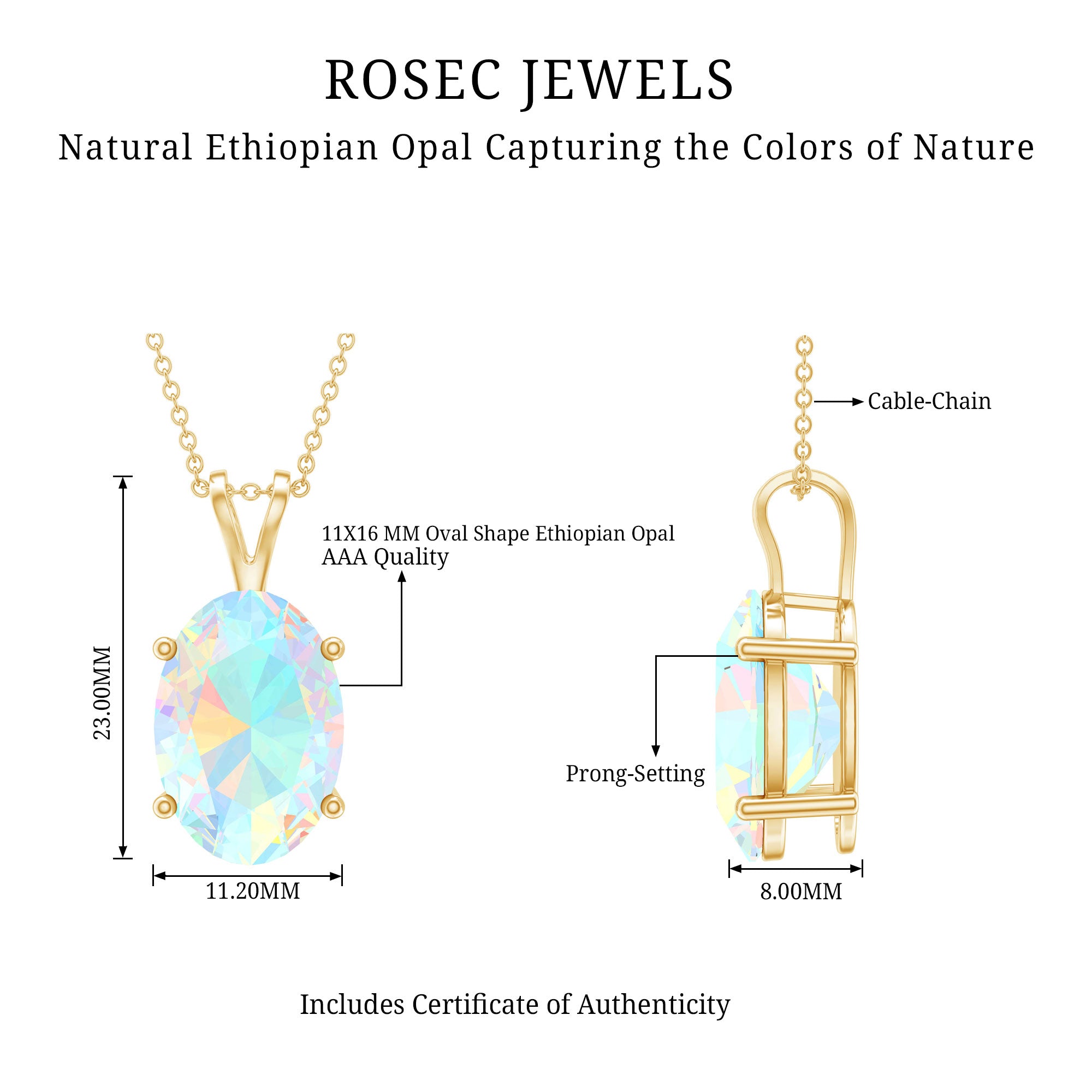 5.63 Carat Oval Shaped Huge Ethiopian Opal Necklace with Chain AAA 14K Yellow Gold Plated Silver - Rosec Jewels