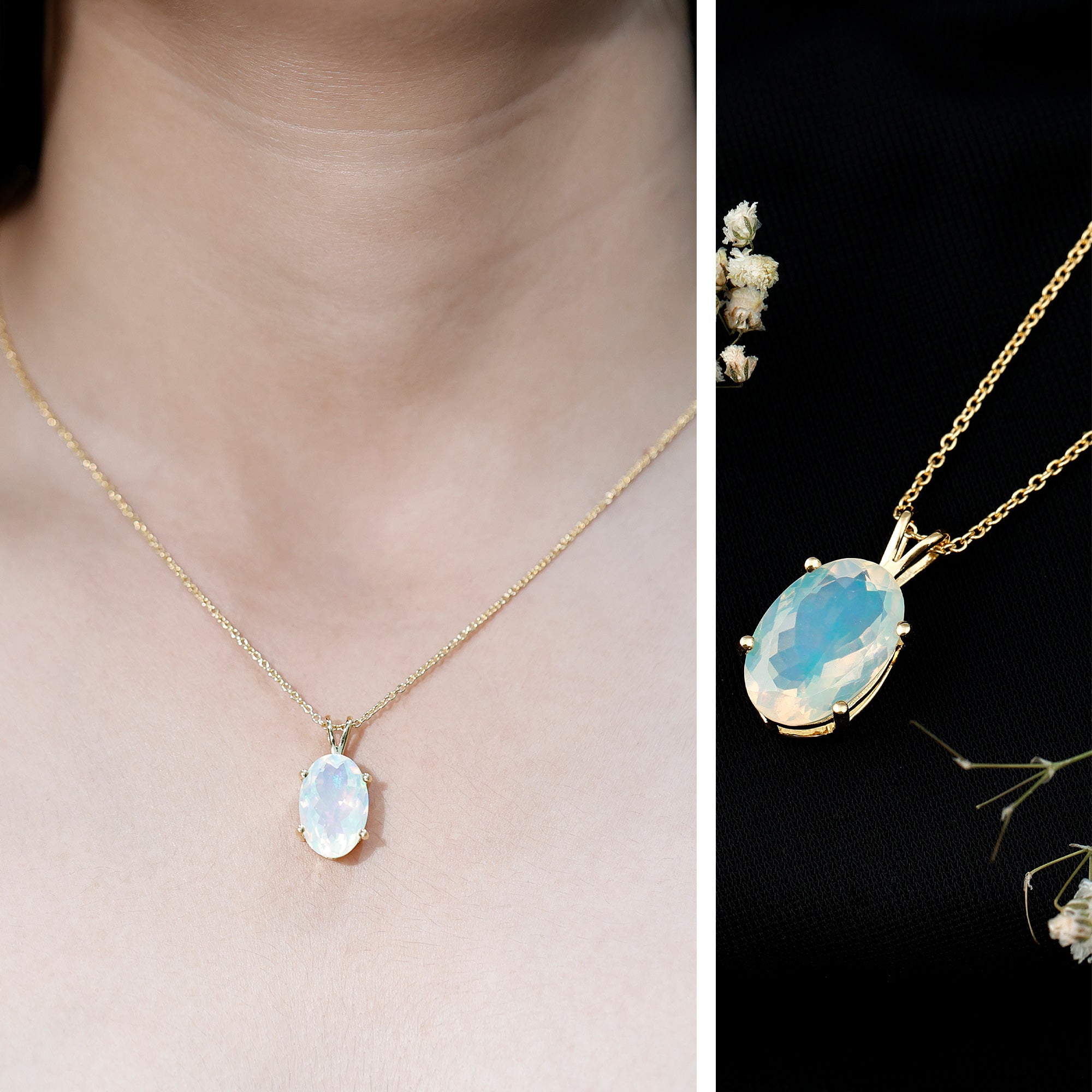 5.63 Carat Oval Shaped Huge Ethiopian Opal Necklace with Chain AAA 14K Yellow Gold Plated Silver - Rosec Jewels