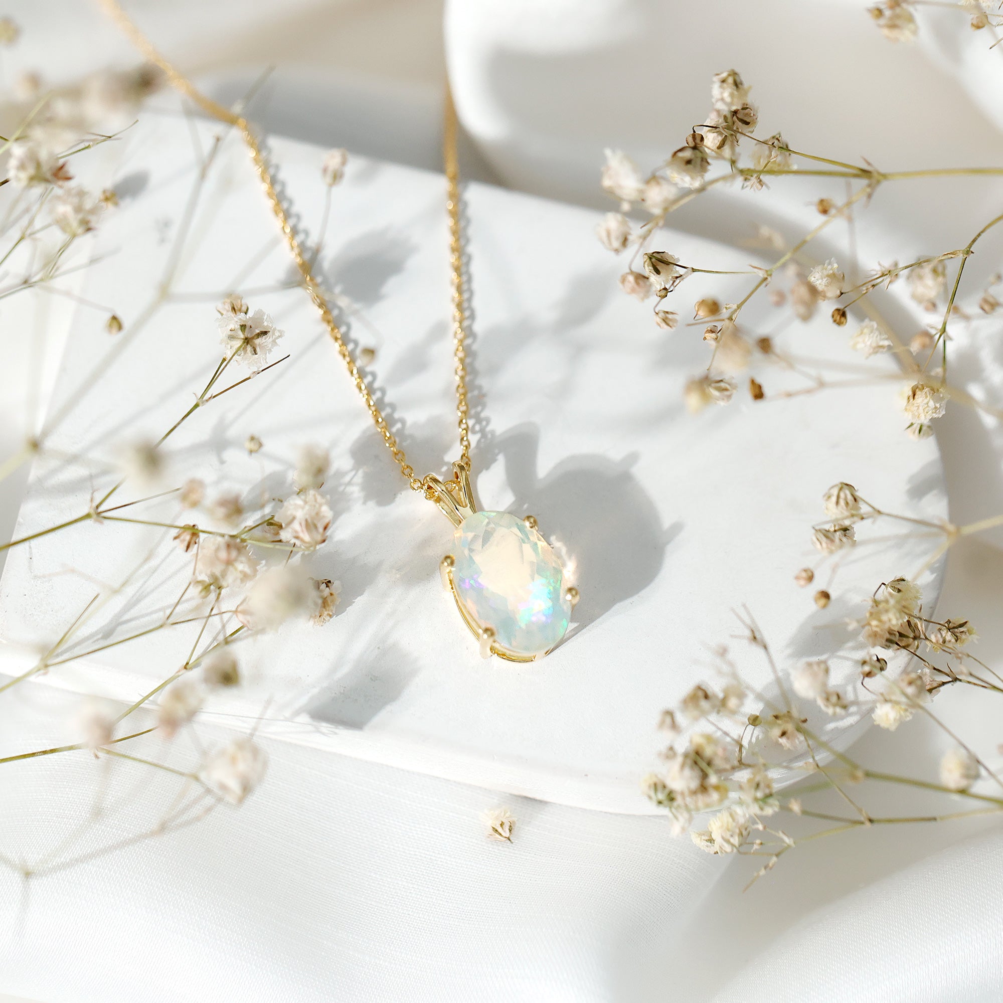5.63 Carat Oval Shaped Huge Ethiopian Opal Necklace with Chain AAA 14K Yellow Gold Plated Silver - Rosec Jewels