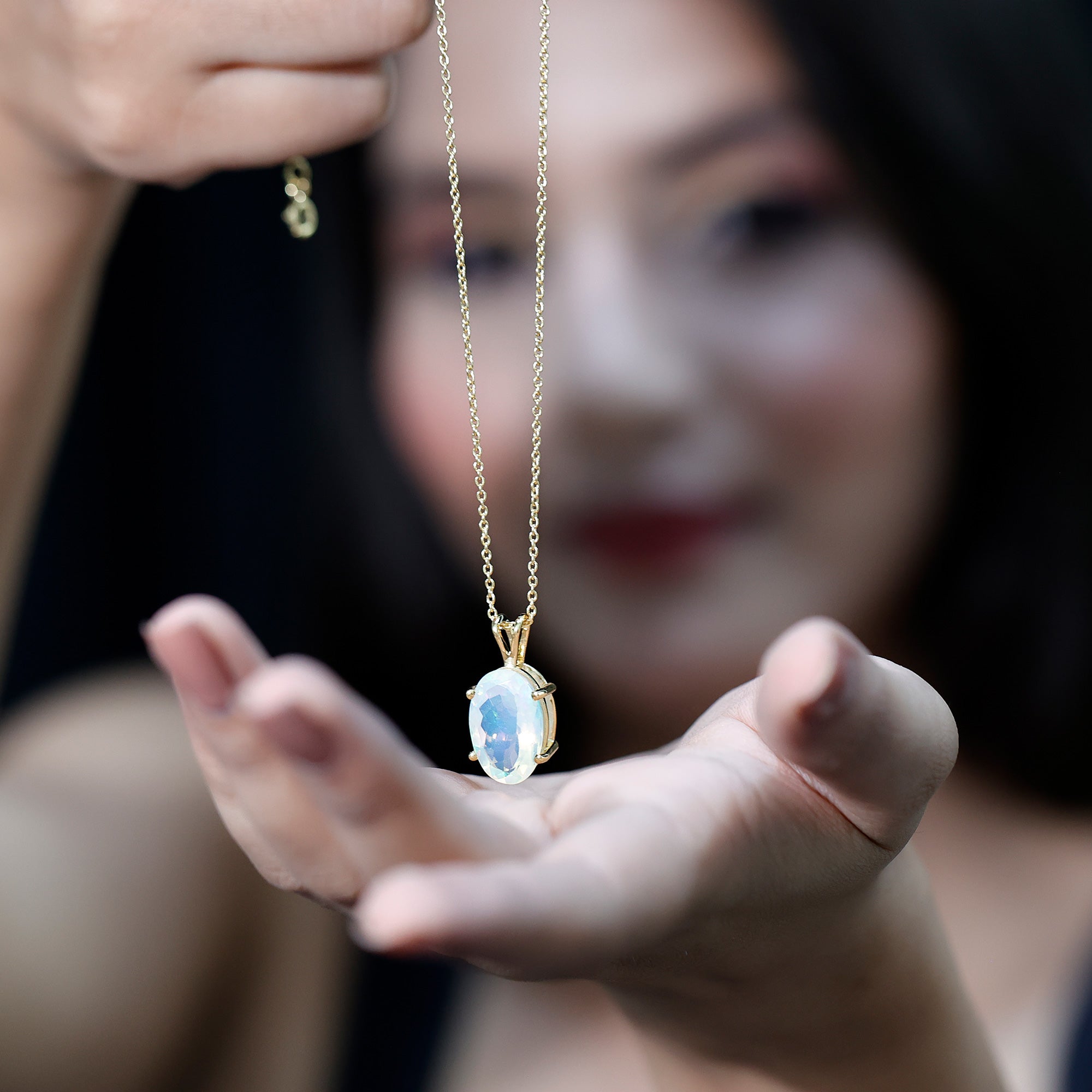 5.63 Carat Oval Shaped Huge Ethiopian Opal Necklace with Chain AAA 14K Yellow Gold Plated Silver - Rosec Jewels
