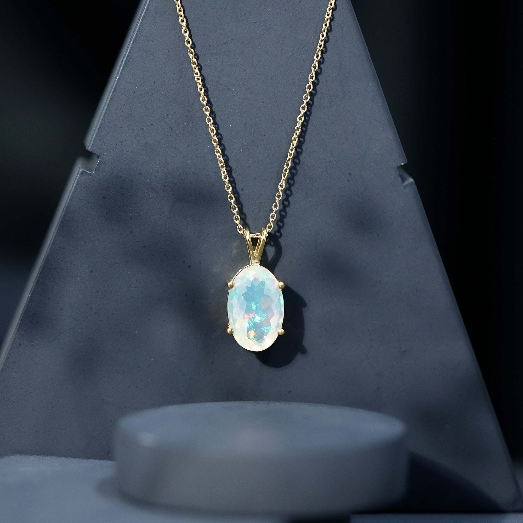5.63 Carat Oval Shaped Huge Ethiopian Opal Necklace with Chain AAA 14K Yellow Gold Plated Silver - Rosec Jewels