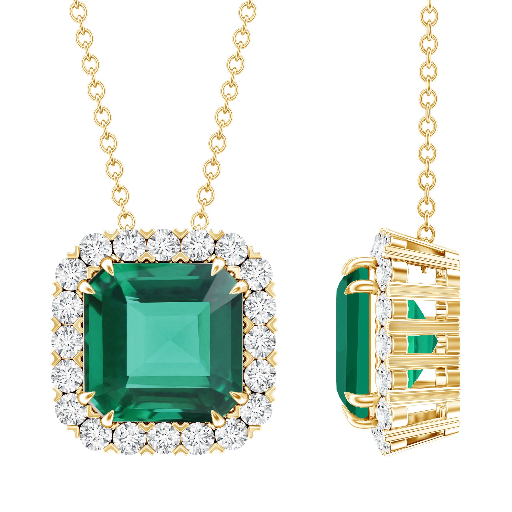 2.5 CT Asscher Cut Lab Grown Emerald Halo Necklace with Moissanite AAAA 14K Yellow Gold Plated Silver - Rosec Jewels