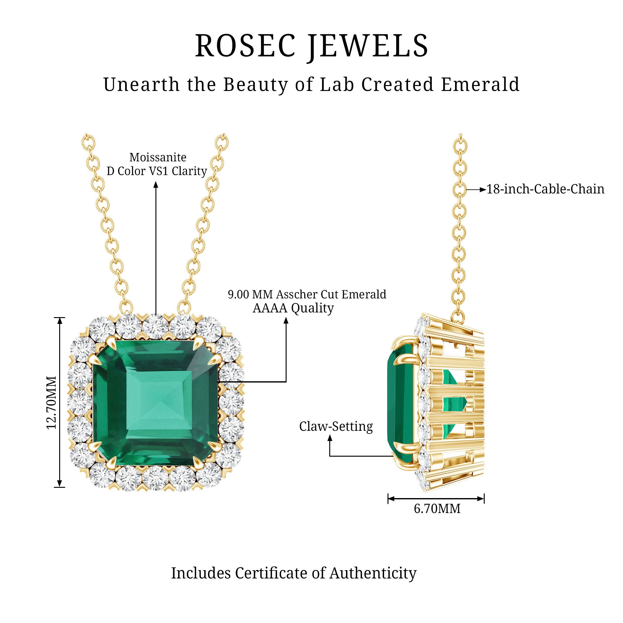 2.5 CT Asscher Cut Lab Grown Emerald Halo Necklace with Moissanite AAAA 14K Yellow Gold Plated Silver - Rosec Jewels