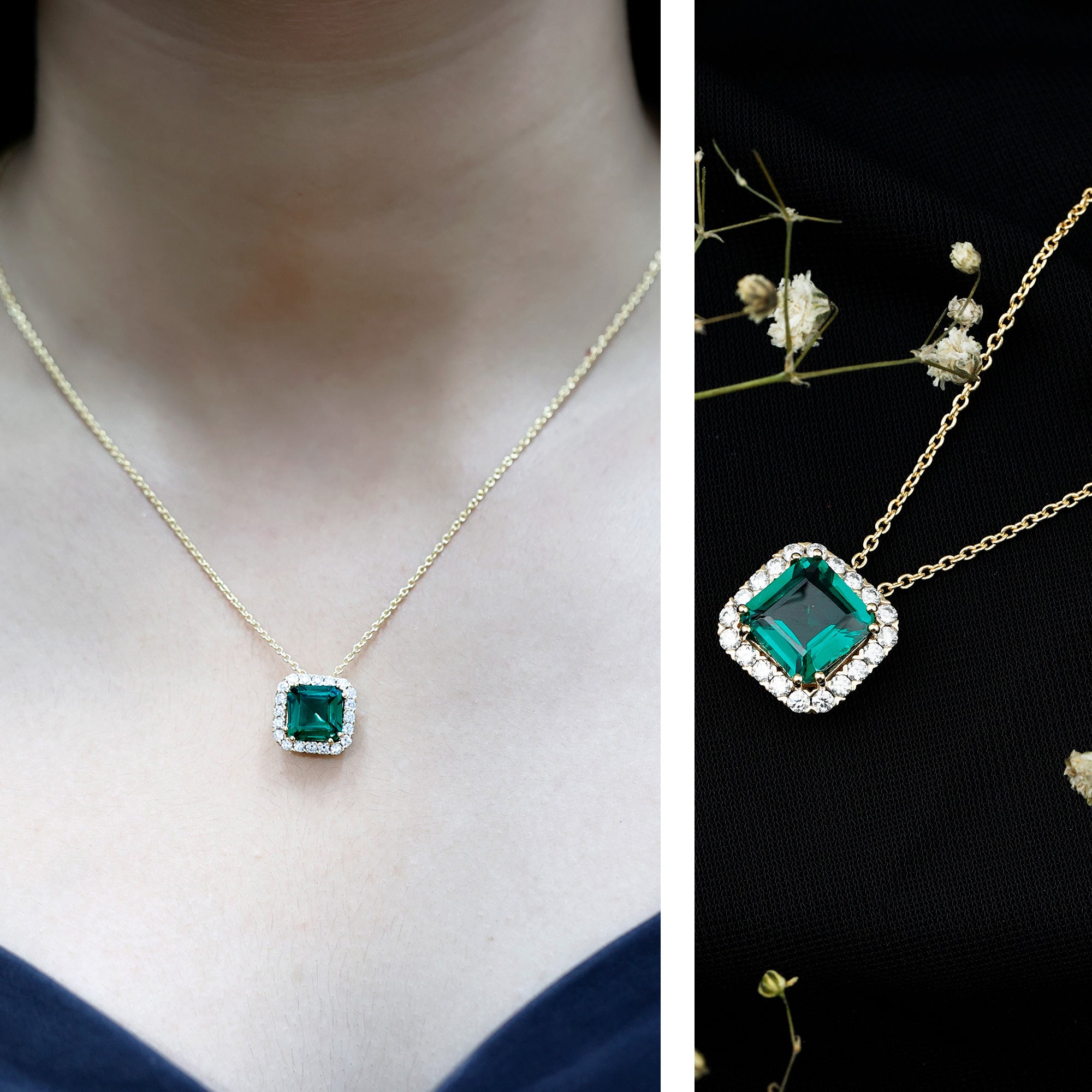 2.5 CT Asscher Cut Lab Grown Emerald Halo Necklace with Moissanite AAAA 14K Yellow Gold Plated Silver - Rosec Jewels