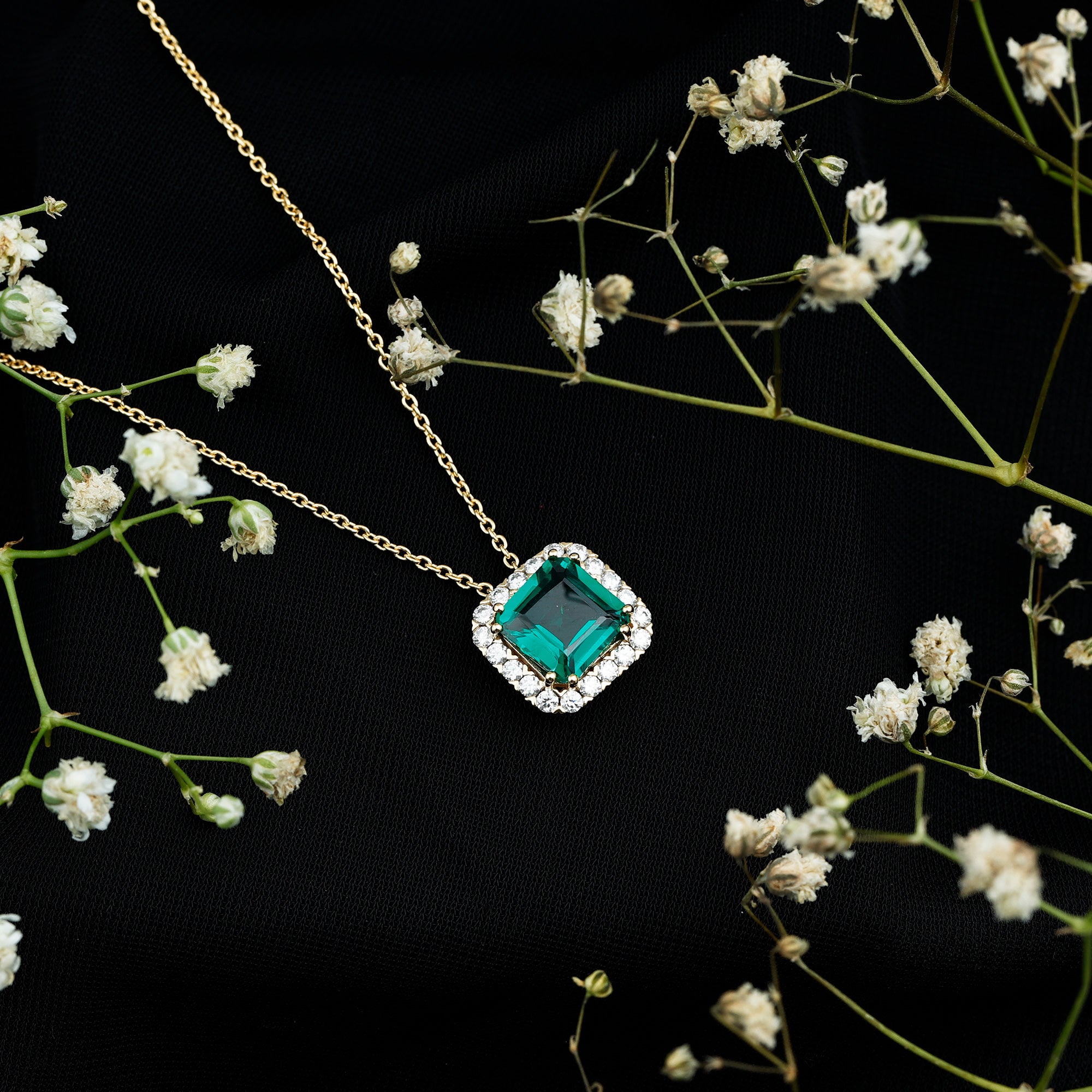 2.5 CT Asscher Cut Lab Grown Emerald Halo Necklace with Moissanite AAAA 14K Yellow Gold Plated Silver - Rosec Jewels