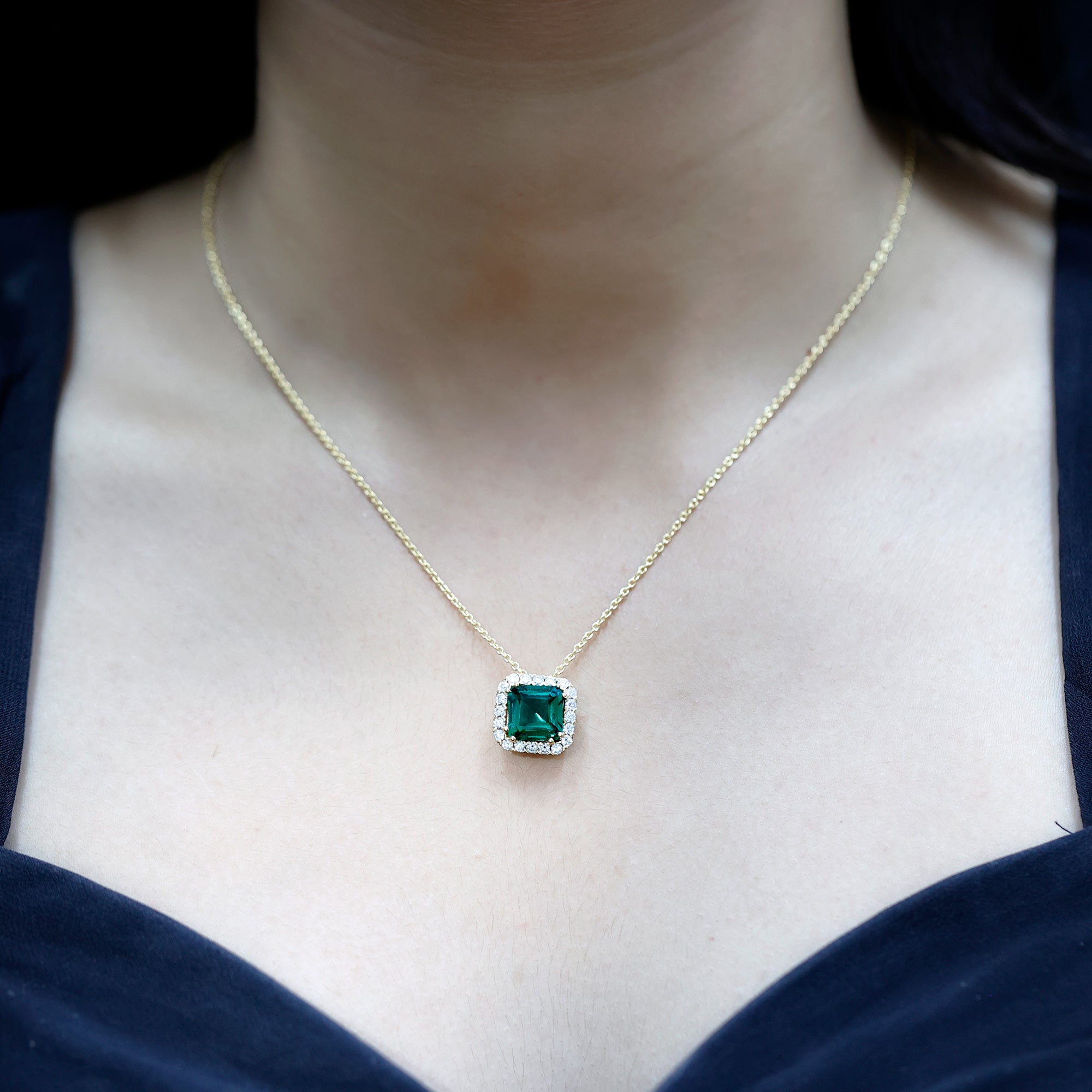 2.5 CT Asscher Cut Lab Grown Emerald Halo Necklace with Moissanite AAAA 14K Yellow Gold Plated Silver - Rosec Jewels