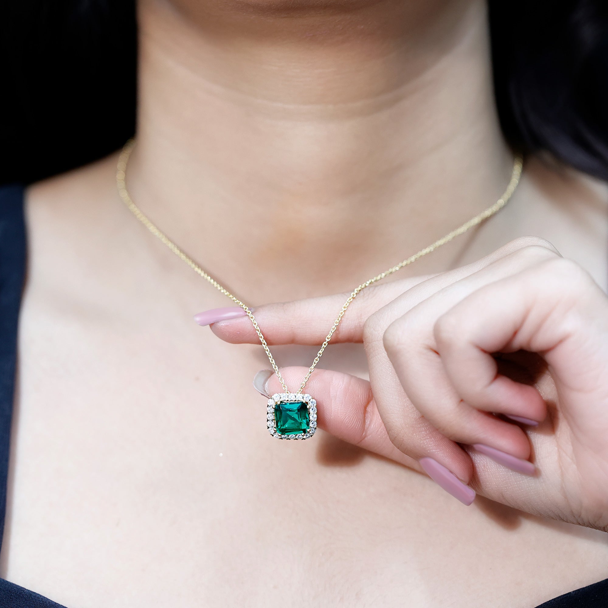 2.5 CT Asscher Cut Lab Grown Emerald Halo Necklace with Moissanite AAAA 14K Yellow Gold Plated Silver - Rosec Jewels
