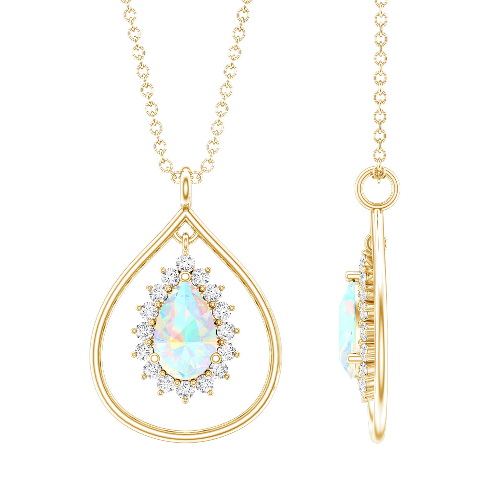 Natural 0.6 Carat Ethiopian Opal Teardrop Pendant Necklace with Lab Diamond Halo AAA 14K Yellow Gold Plated Silver - Rosec Jewels