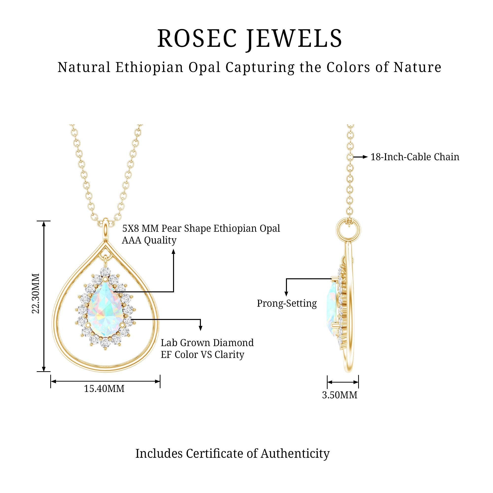 Natural 0.6 Carat Ethiopian Opal Teardrop Pendant Necklace with Lab Diamond Halo AAA 14K Yellow Gold Plated Silver - Rosec Jewels