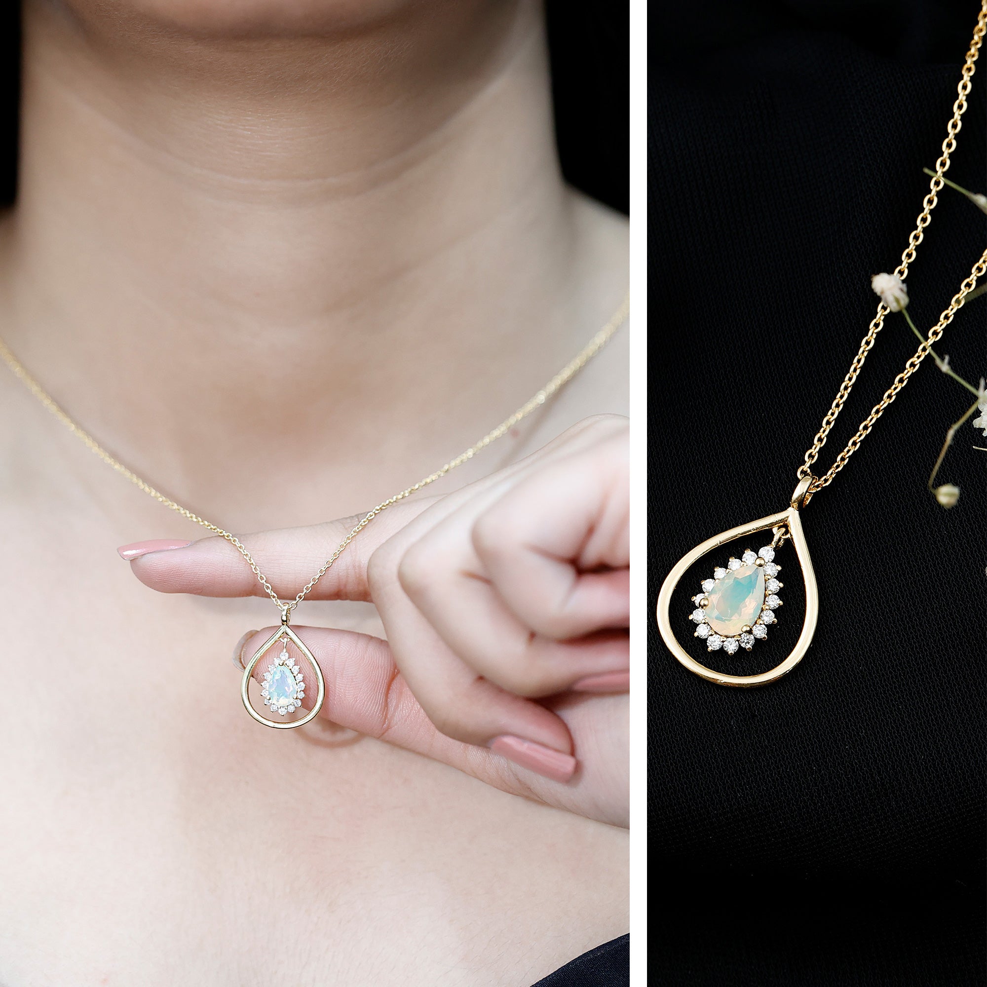 Natural 0.6 Carat Ethiopian Opal Teardrop Pendant Necklace with Lab Diamond Halo AAA 14K Yellow Gold Plated Silver - Rosec Jewels