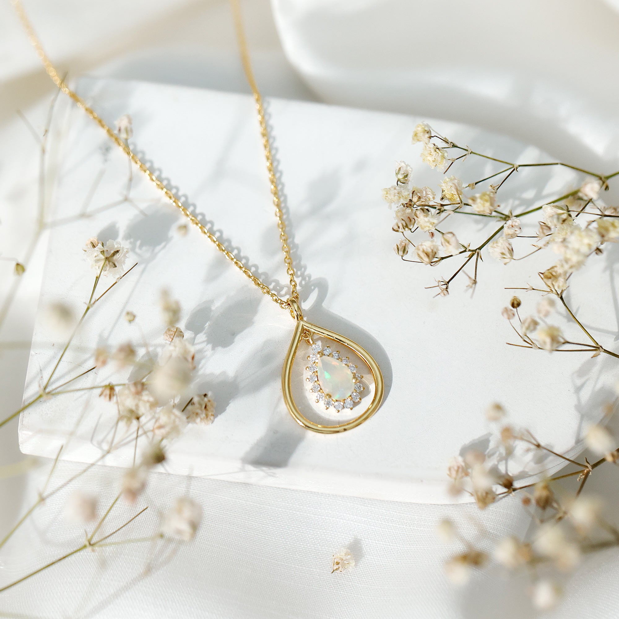 Natural 0.6 Carat Ethiopian Opal Teardrop Pendant Necklace with Lab Diamond Halo AAA 14K Yellow Gold Plated Silver - Rosec Jewels
