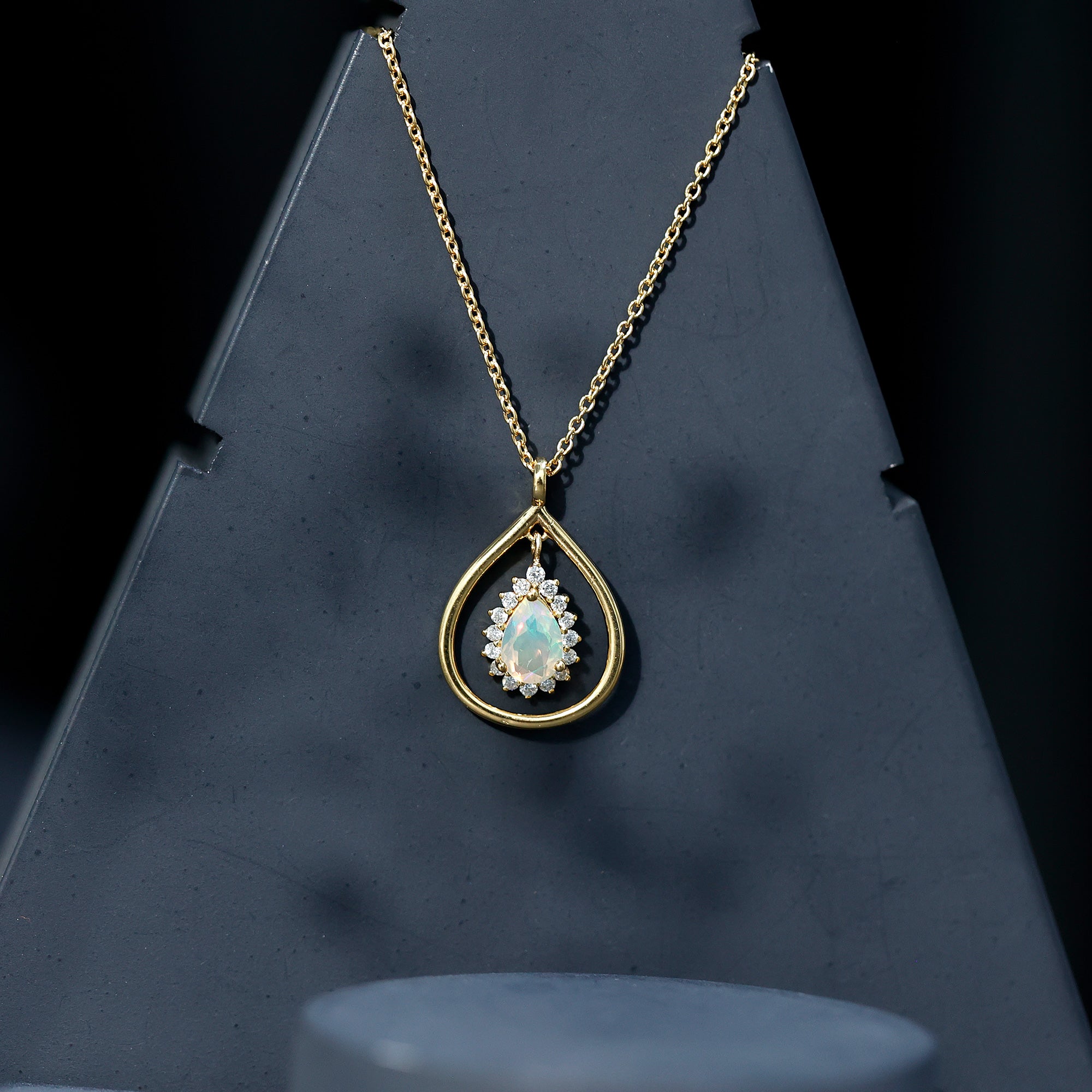 Natural 0.6 Carat Ethiopian Opal Teardrop Pendant Necklace with Lab Diamond Halo AAA 14K Yellow Gold Plated Silver - Rosec Jewels