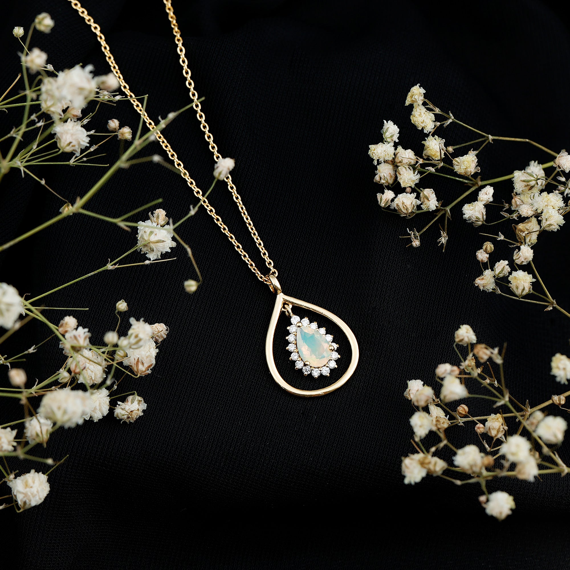 Natural 0.6 Carat Ethiopian Opal Teardrop Pendant Necklace with Lab Diamond Halo AAA 14K Yellow Gold Plated Silver - Rosec Jewels