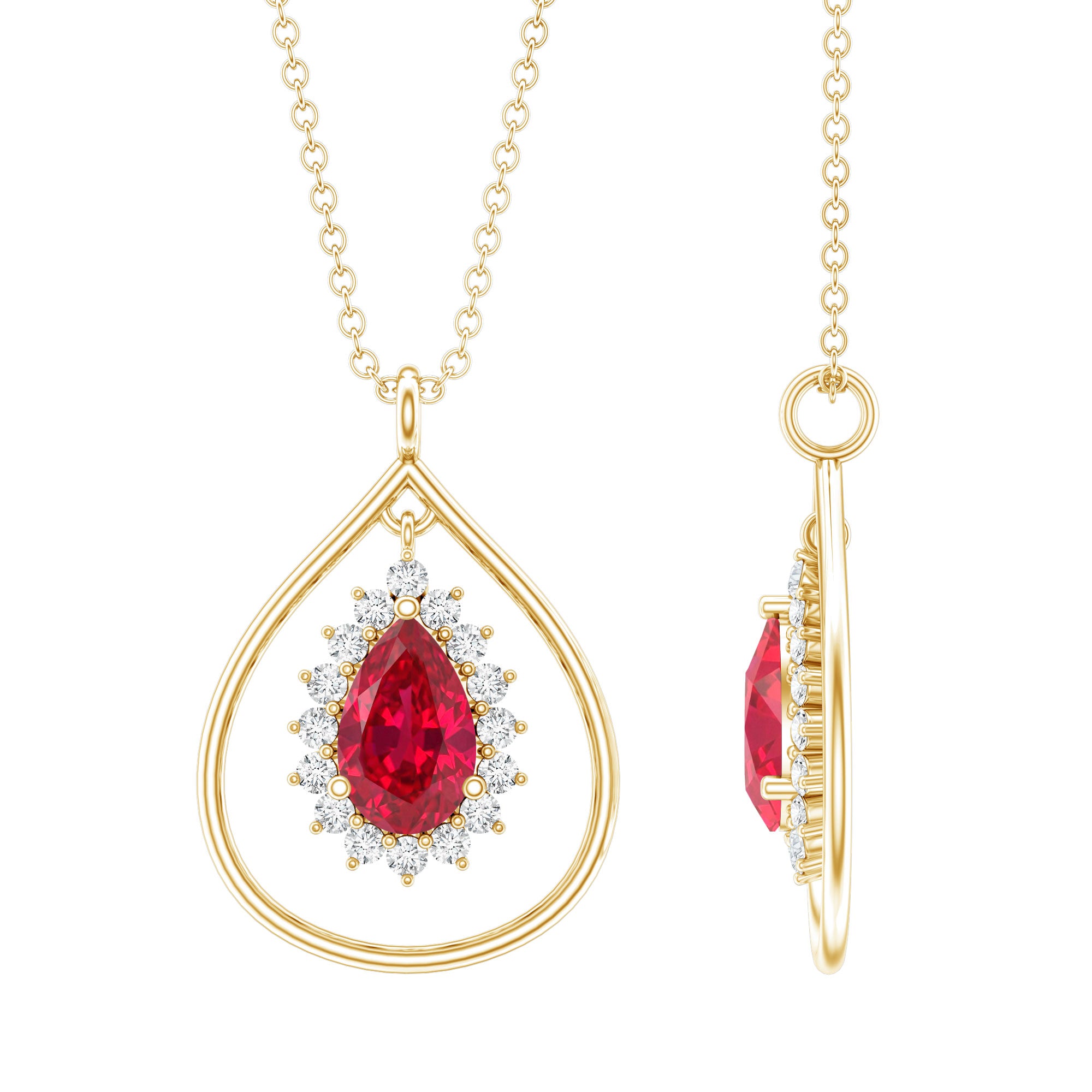 1.3 Carat Lab Grown Ruby Teardrop Necklace with Lab Diamond AAAA 14K Yellow Gold Plated Silver - Rosec Jewels