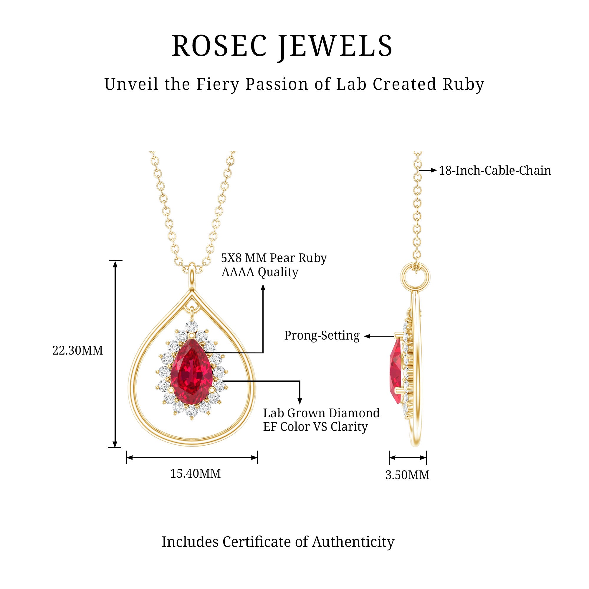 1.3 Carat Lab Grown Ruby Teardrop Necklace with Lab Diamond AAAA 14K Yellow Gold Plated Silver - Rosec Jewels