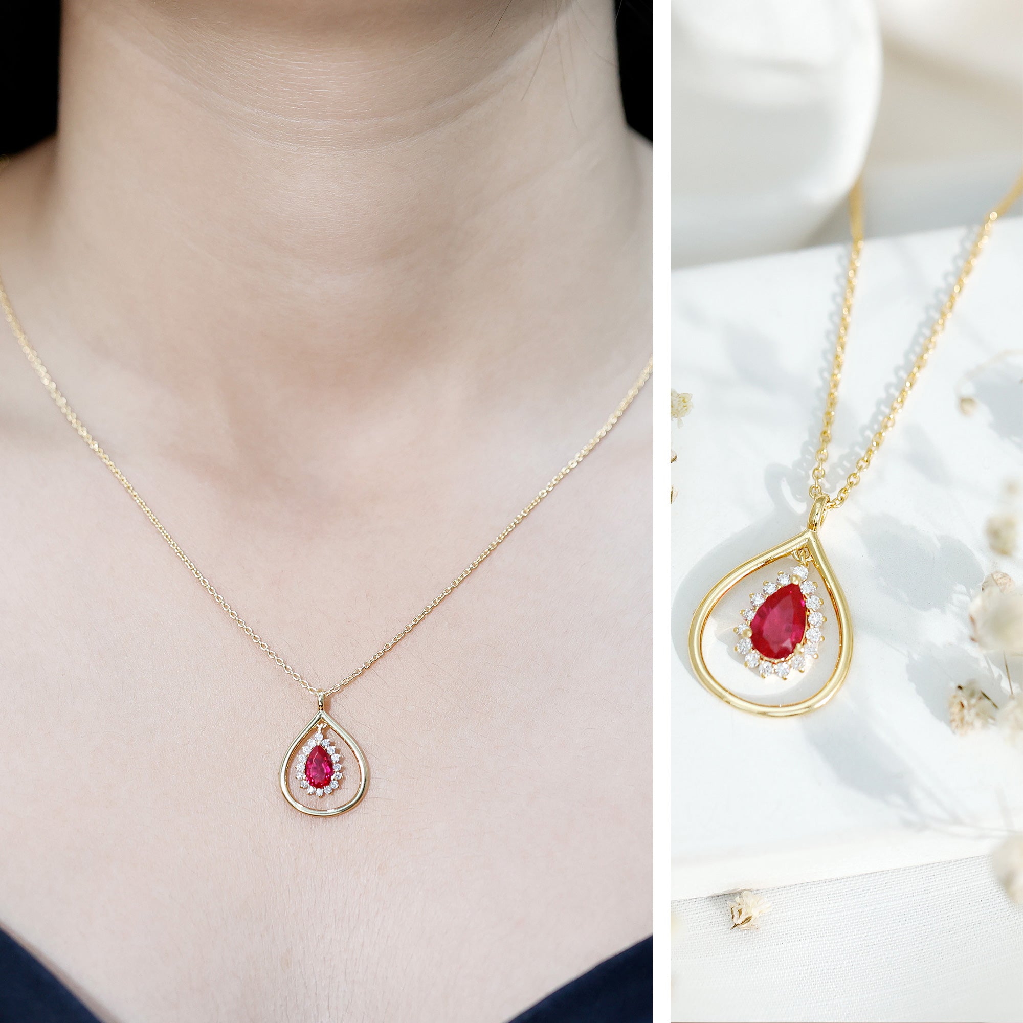 1.3 Carat Lab Grown Ruby Teardrop Necklace with Lab Diamond AAAA 14K Yellow Gold Plated Silver - Rosec Jewels