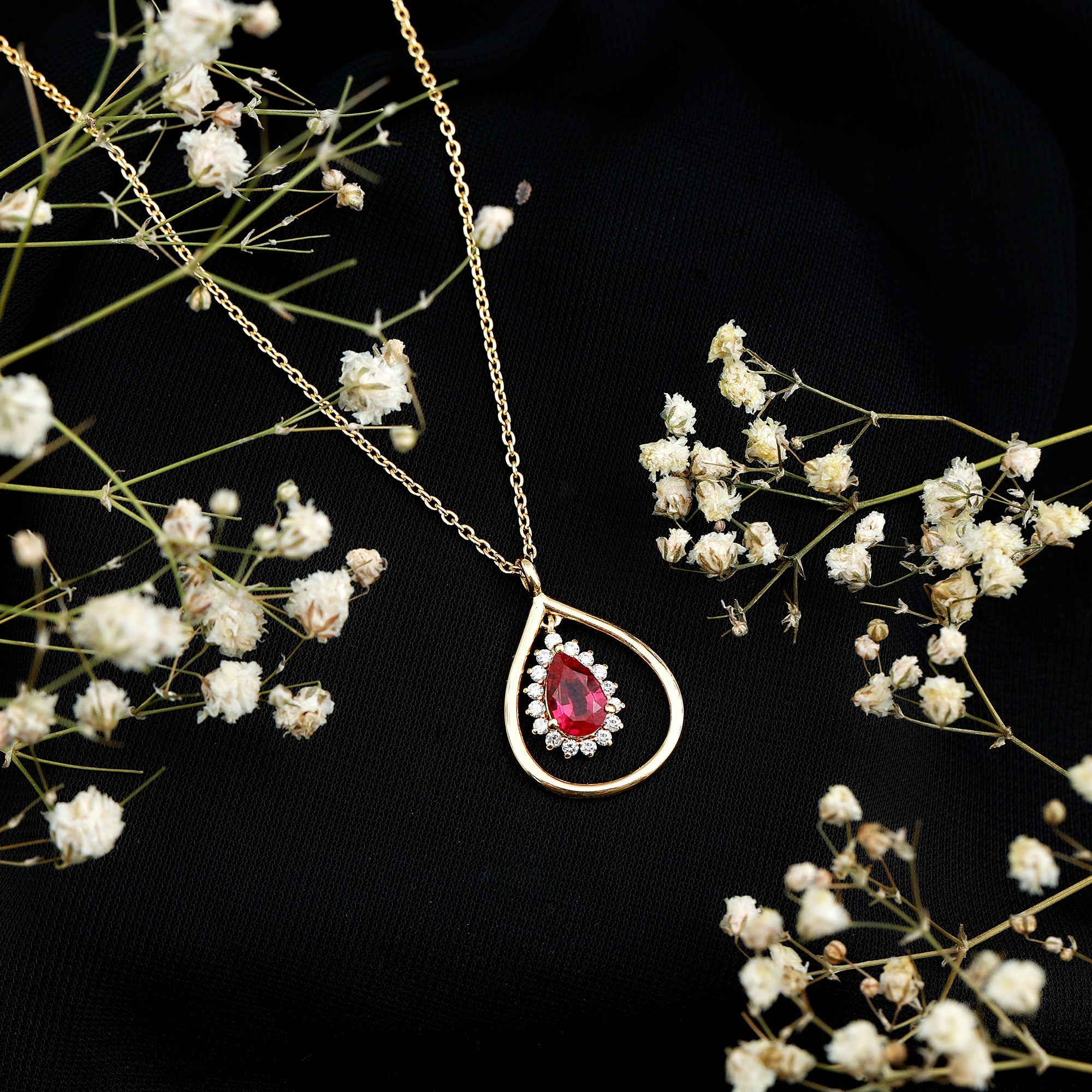 1.3 Carat Lab Grown Ruby Teardrop Necklace with Lab Diamond AAAA 14K Yellow Gold Plated Silver - Rosec Jewels