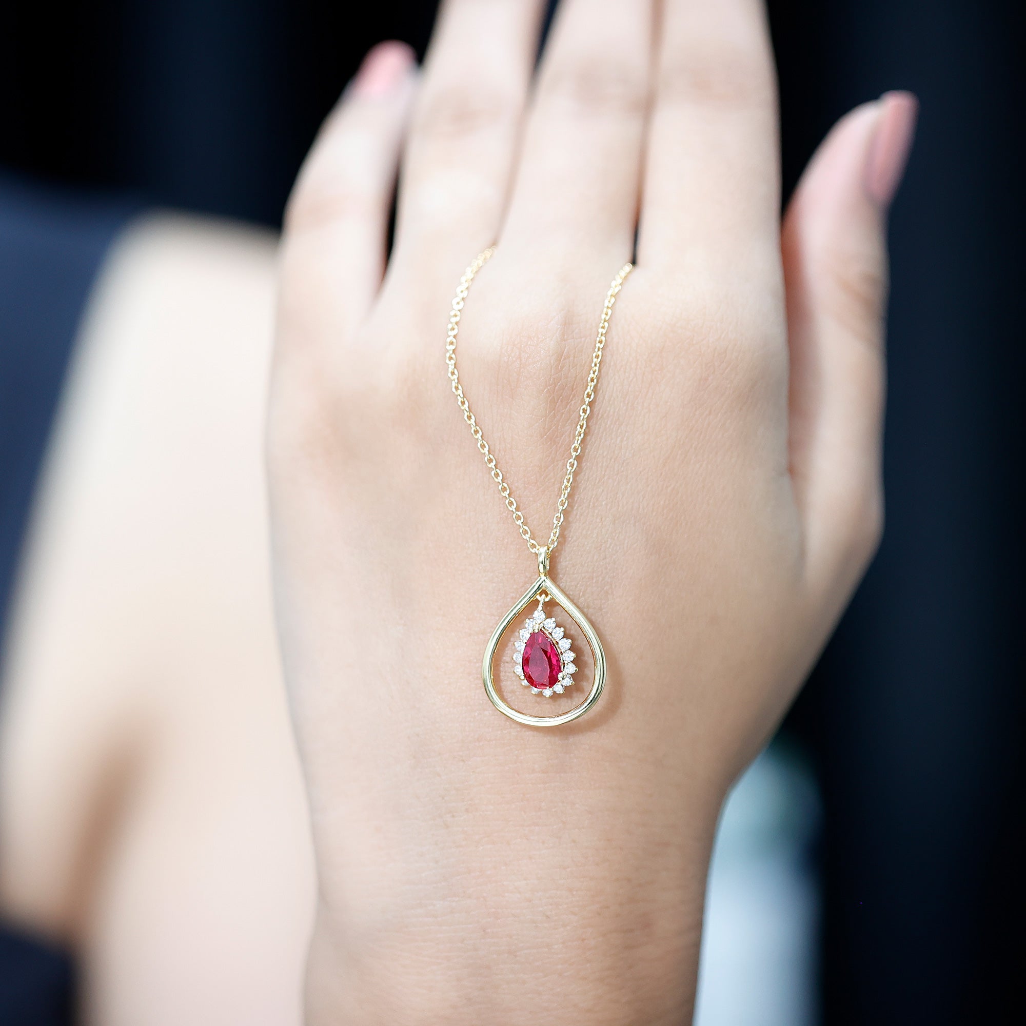 1.3 Carat Lab Grown Ruby Teardrop Necklace with Lab Diamond AAAA 14K Yellow Gold Plated Silver - Rosec Jewels