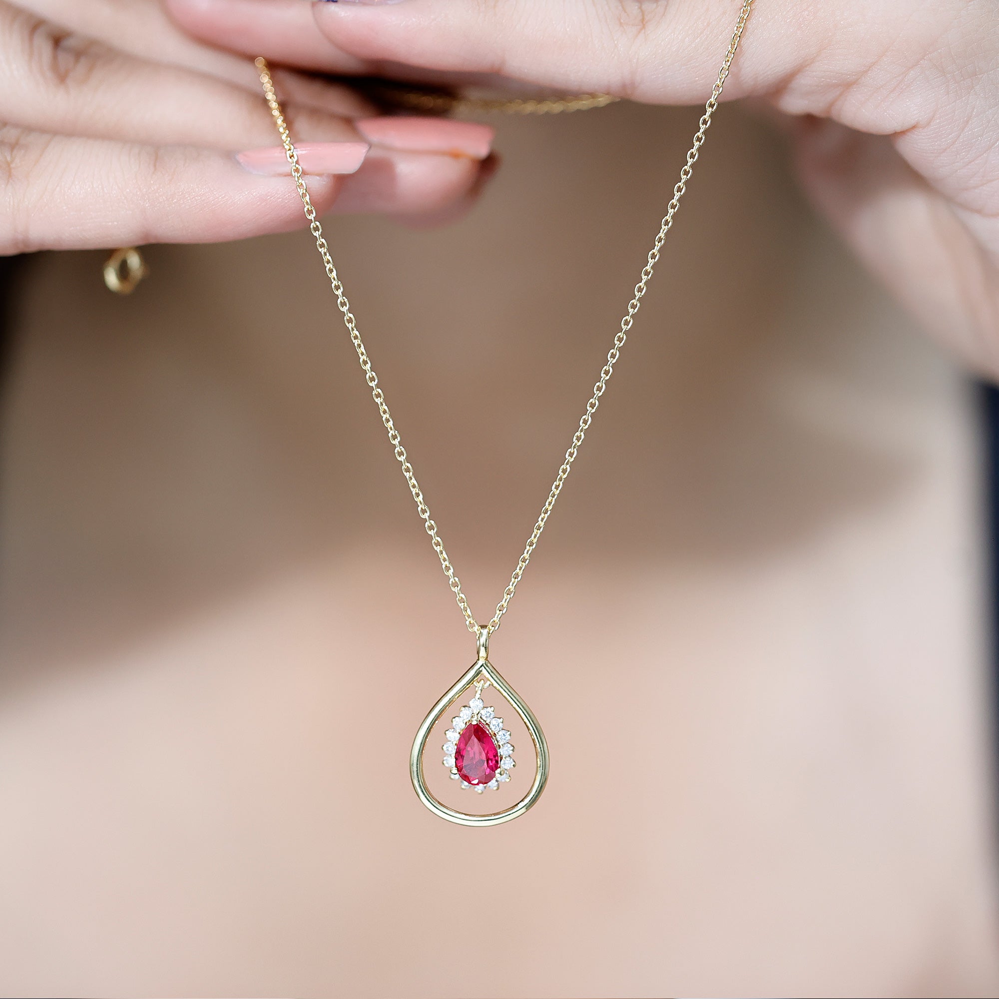 1.3 Carat Lab Grown Ruby Teardrop Necklace with Lab Diamond AAAA 14K Yellow Gold Plated Silver - Rosec Jewels
