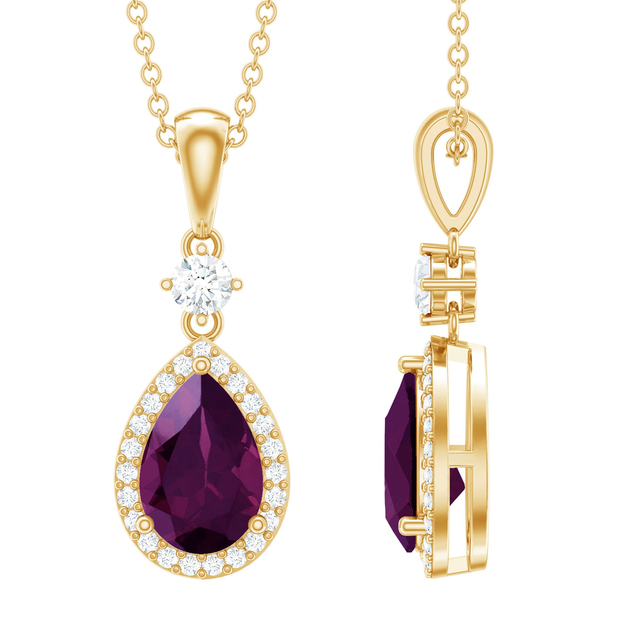 Certified 1.5 Carat Rhodolite Teardrop Necklace with Diamond Halo AAA 14K Yellow Gold Plated Silver - Rosec Jewels