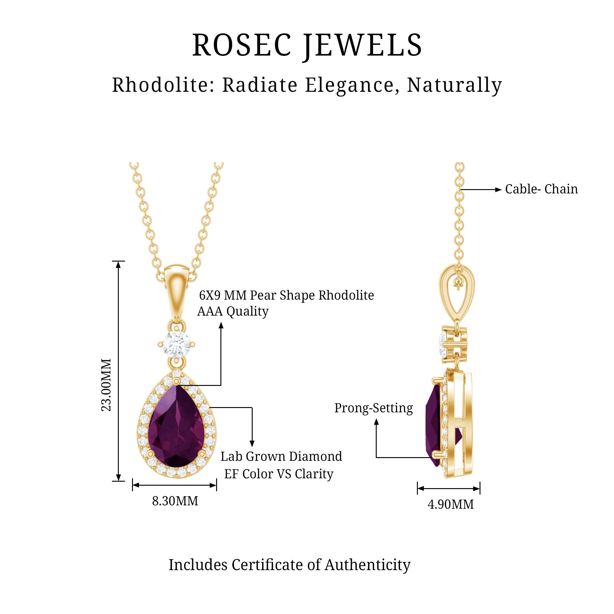 Certified 1.5 Carat Rhodolite Teardrop Necklace with Diamond Halo AAA 14K Yellow Gold Plated Silver - Rosec Jewels