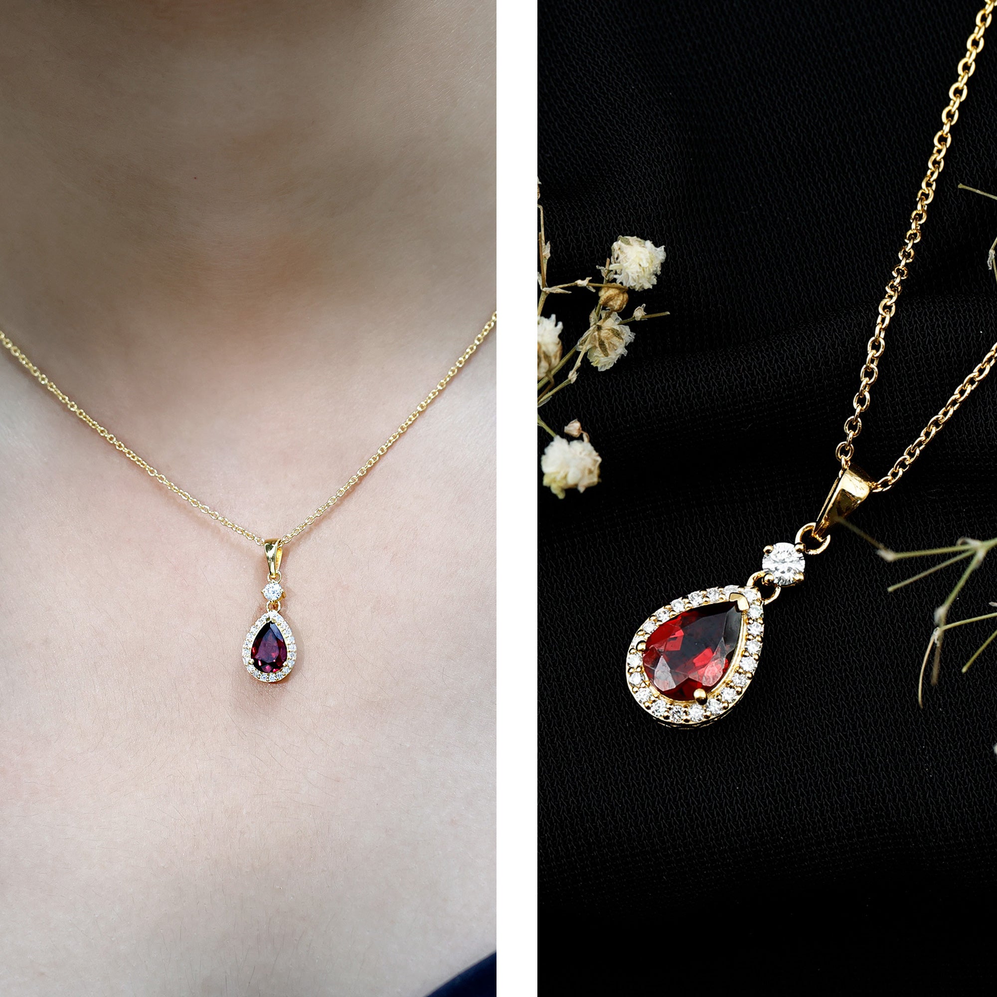 Certified 1.5 Carat Rhodolite Teardrop Necklace with Diamond Halo AAA 14K Yellow Gold Plated Silver - Rosec Jewels