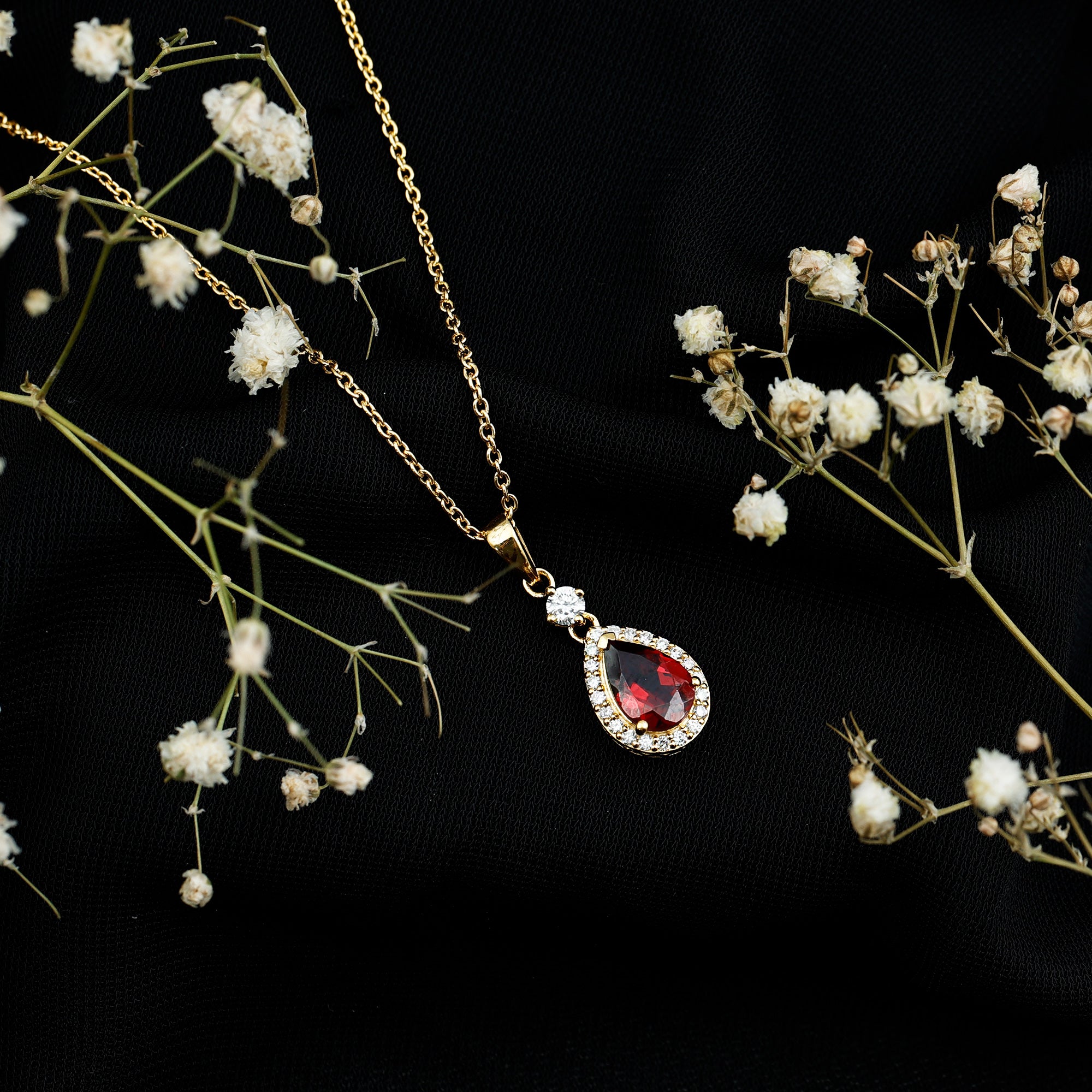 Certified 1.5 Carat Rhodolite Teardrop Necklace with Diamond Halo AAA 14K Yellow Gold Plated Silver - Rosec Jewels