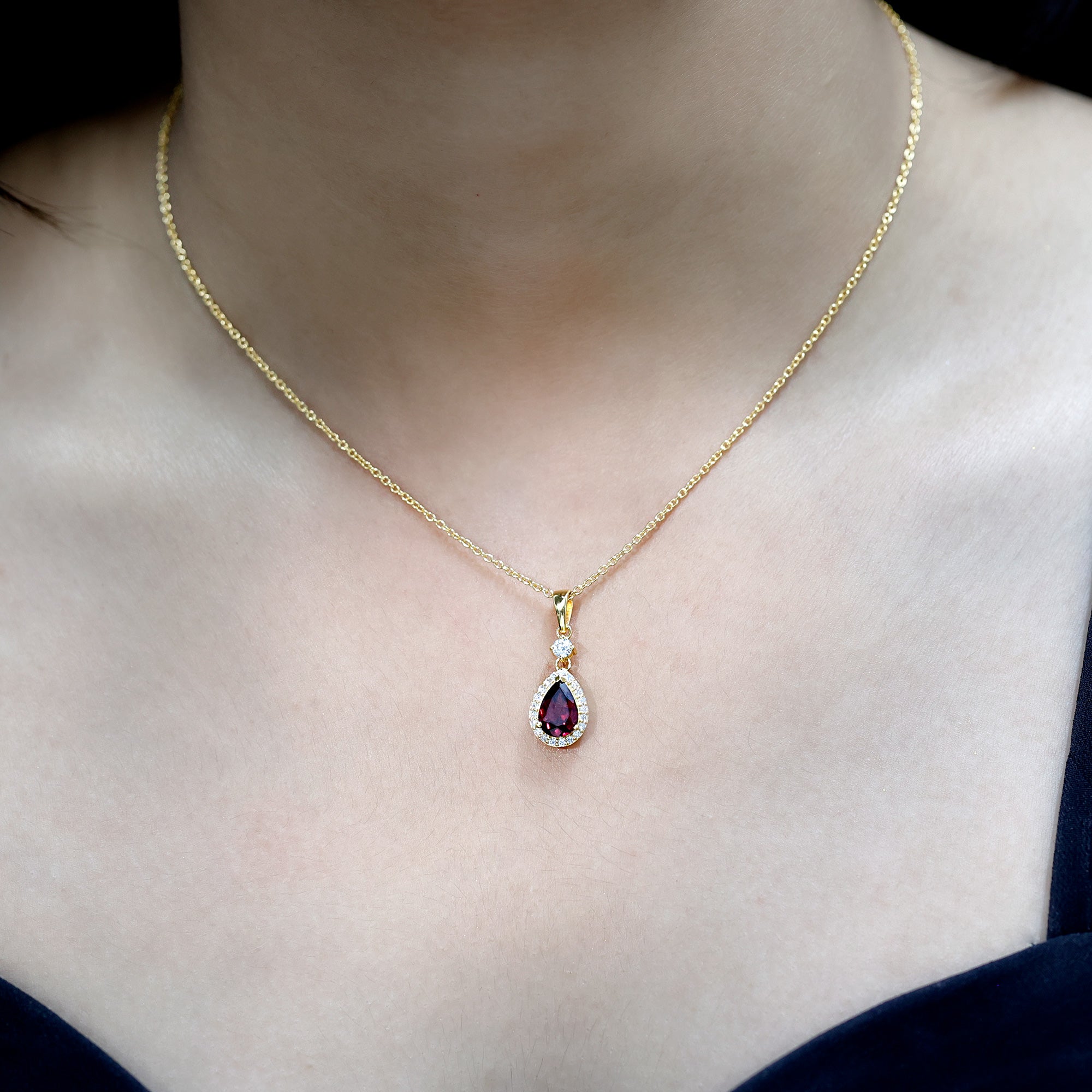 Certified 1.5 Carat Rhodolite Teardrop Necklace with Diamond Halo AAA 14K Yellow Gold Plated Silver - Rosec Jewels