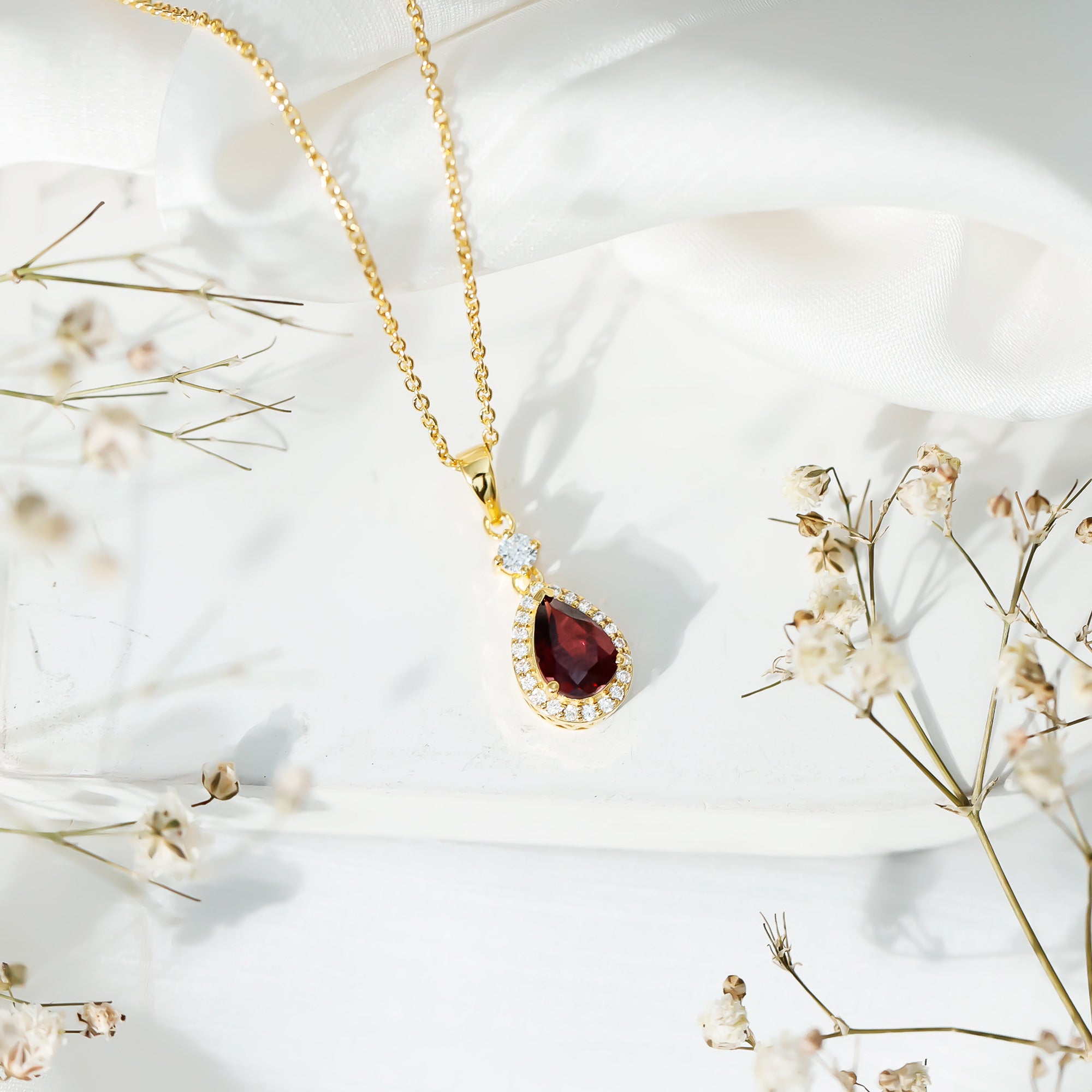 Certified 1.5 Carat Rhodolite Teardrop Necklace with Diamond Halo AAA 14K Yellow Gold Plated Silver - Rosec Jewels