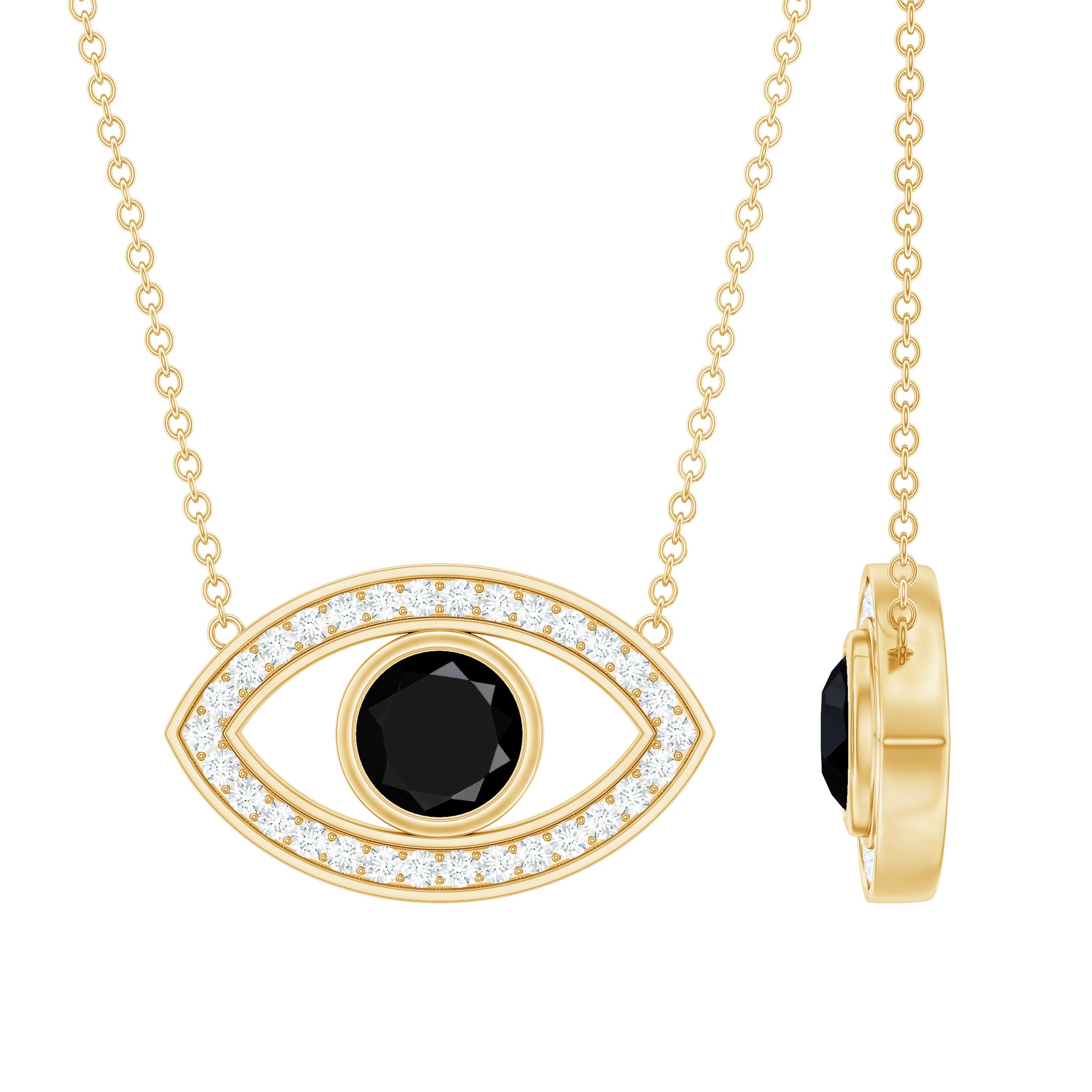 Natural 1.6 Carat Black Diamond Evil Eye Necklace in Yellow Gold Plated Silver AAA 14K Yellow Gold Plated Silver - Rosec Jewels