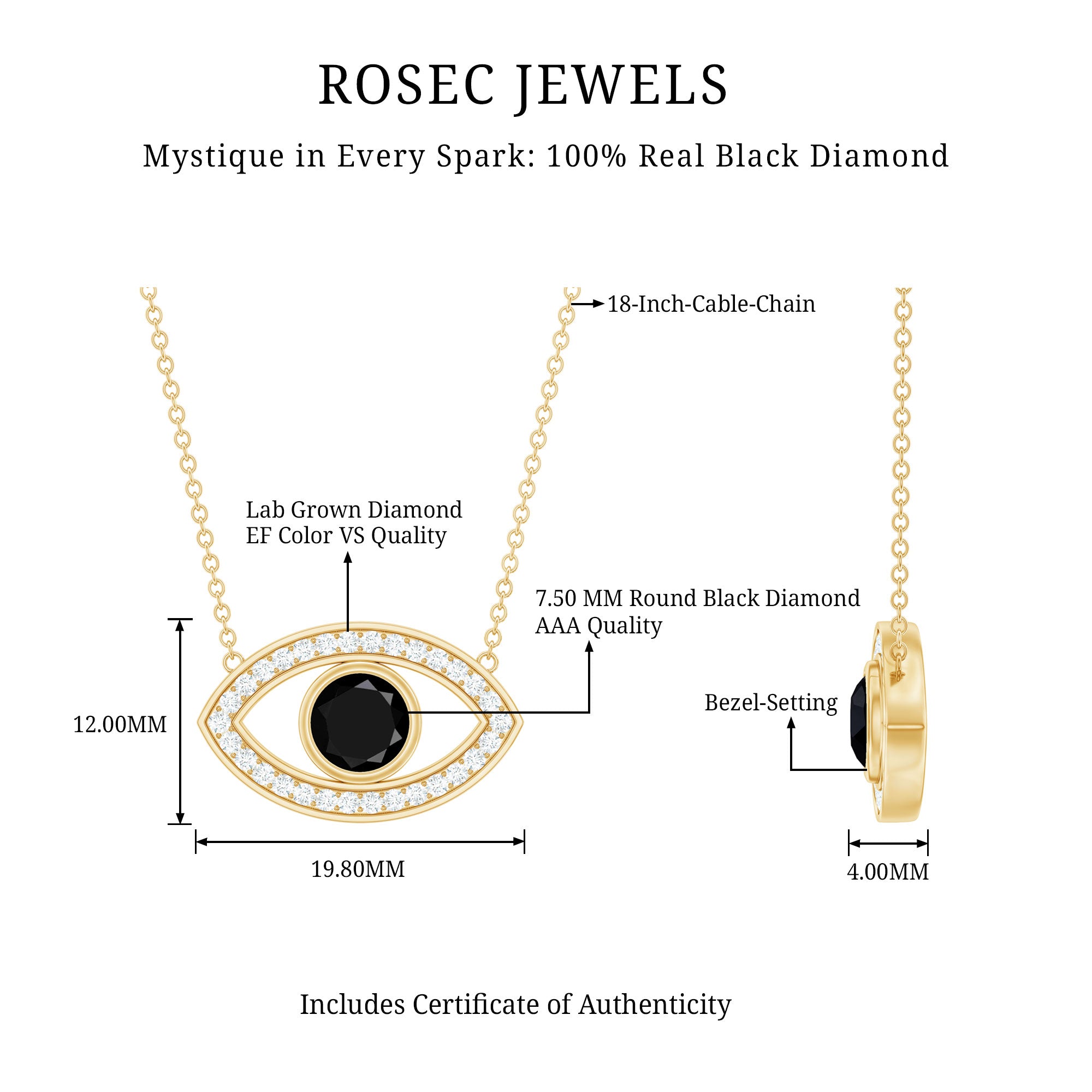 Natural 1.6 Carat Black Diamond Evil Eye Necklace in Yellow Gold Plated Silver AAA 14K Yellow Gold Plated Silver - Rosec Jewels