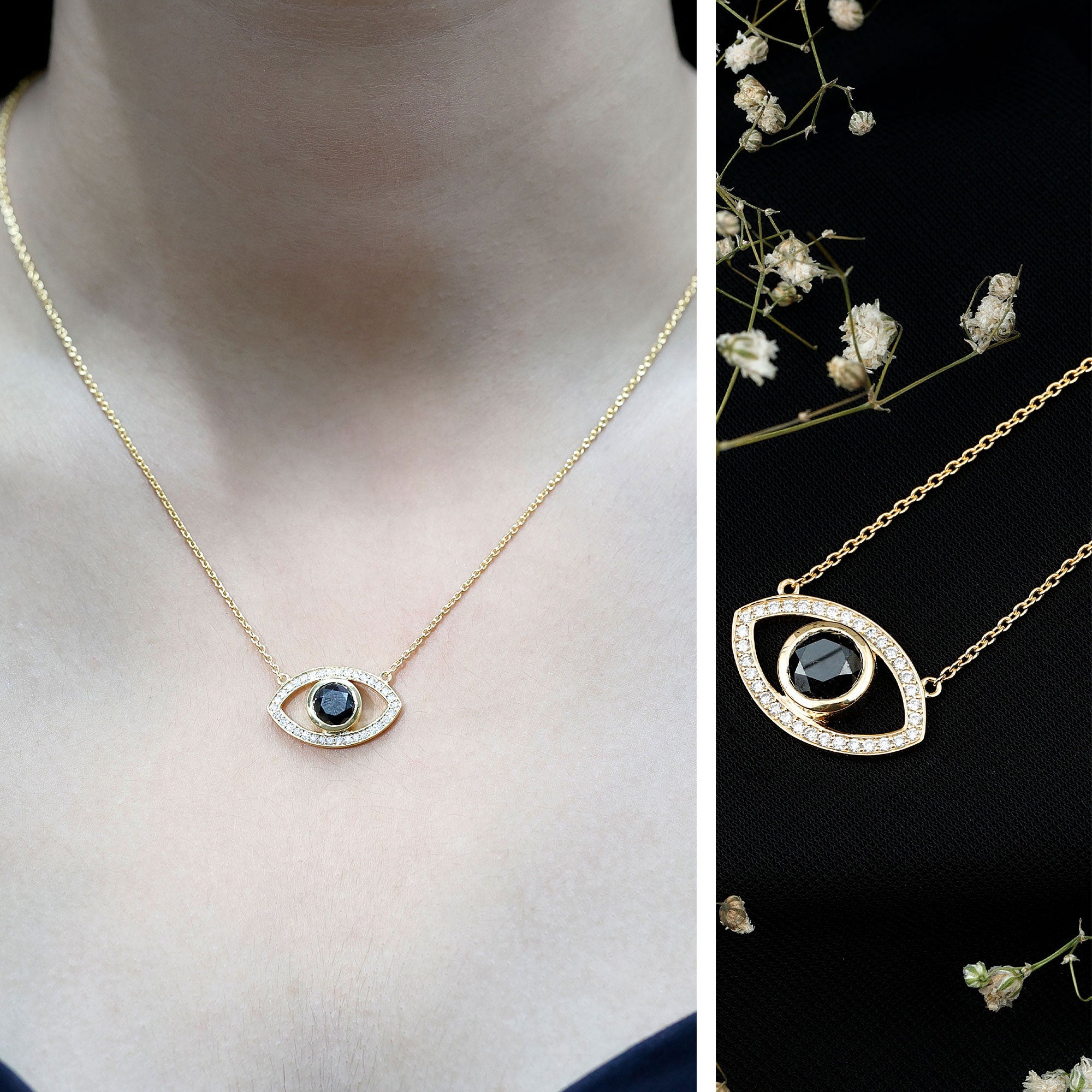 Natural 1.6 Carat Black Diamond Evil Eye Necklace in Yellow Gold Plated Silver AAA 14K Yellow Gold Plated Silver - Rosec Jewels