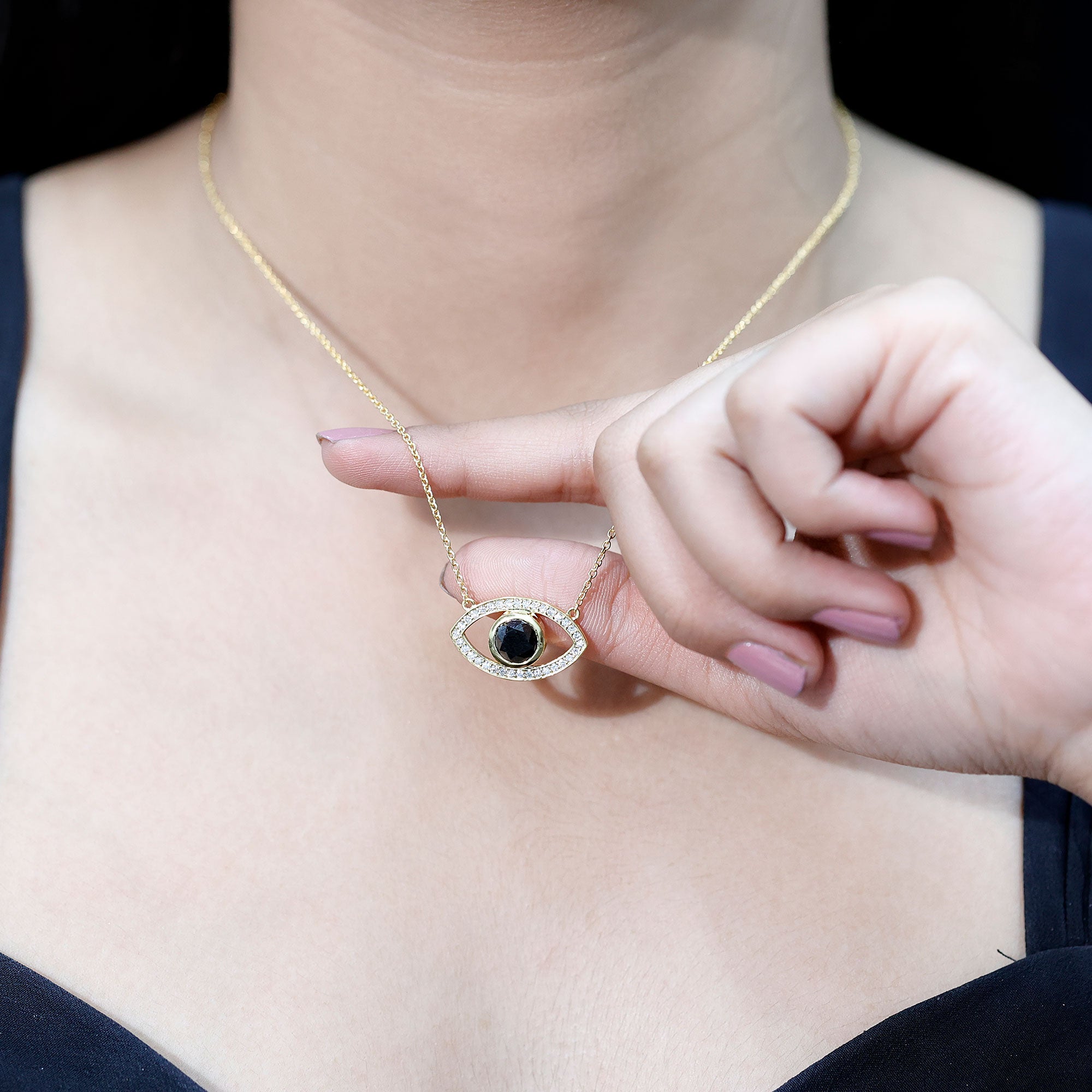 Natural 1.6 Carat Black Diamond Evil Eye Necklace in Yellow Gold Plated Silver AAA 14K Yellow Gold Plated Silver - Rosec Jewels