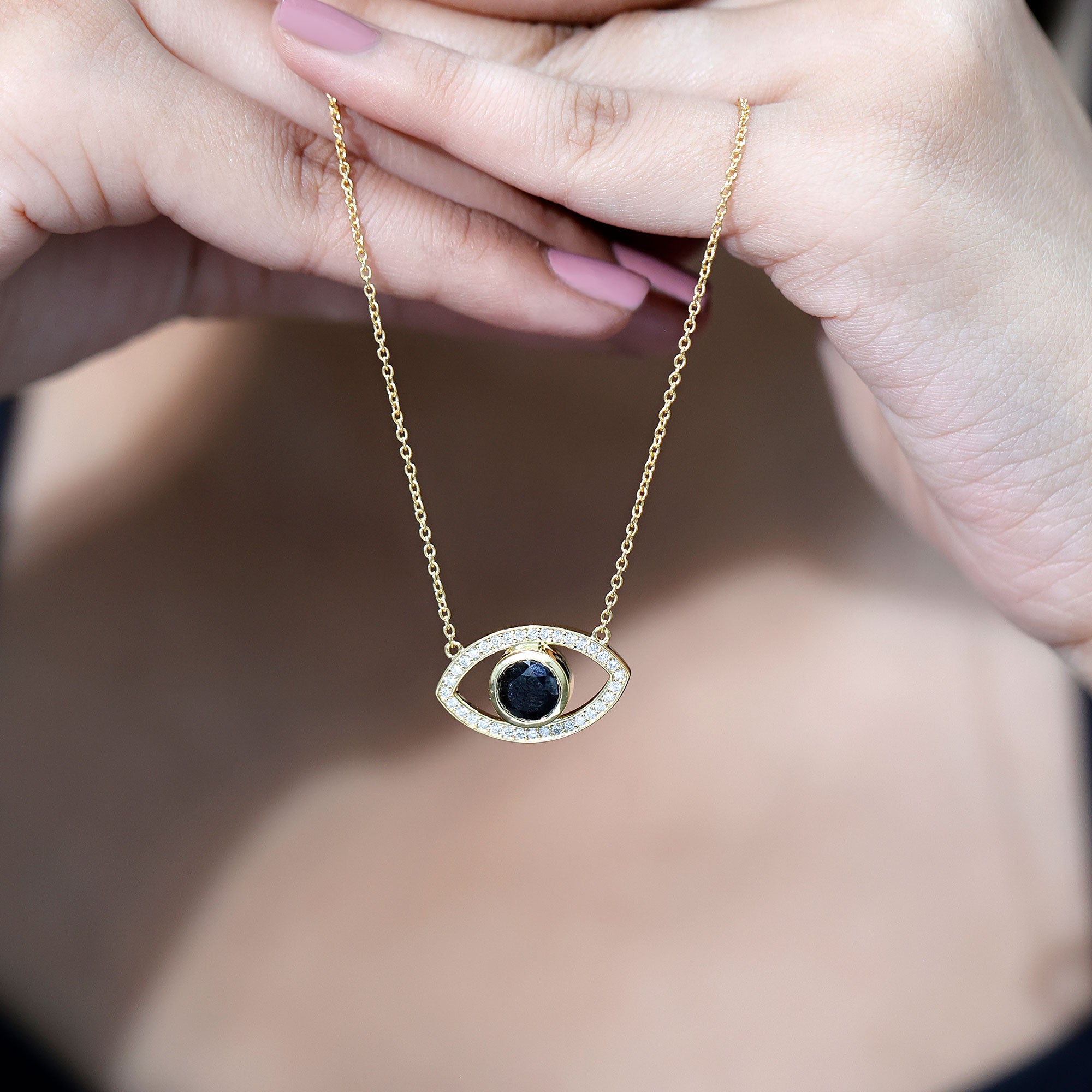 Natural 1.6 Carat Black Diamond Evil Eye Necklace in Yellow Gold Plated Silver AAA 14K Yellow Gold Plated Silver - Rosec Jewels