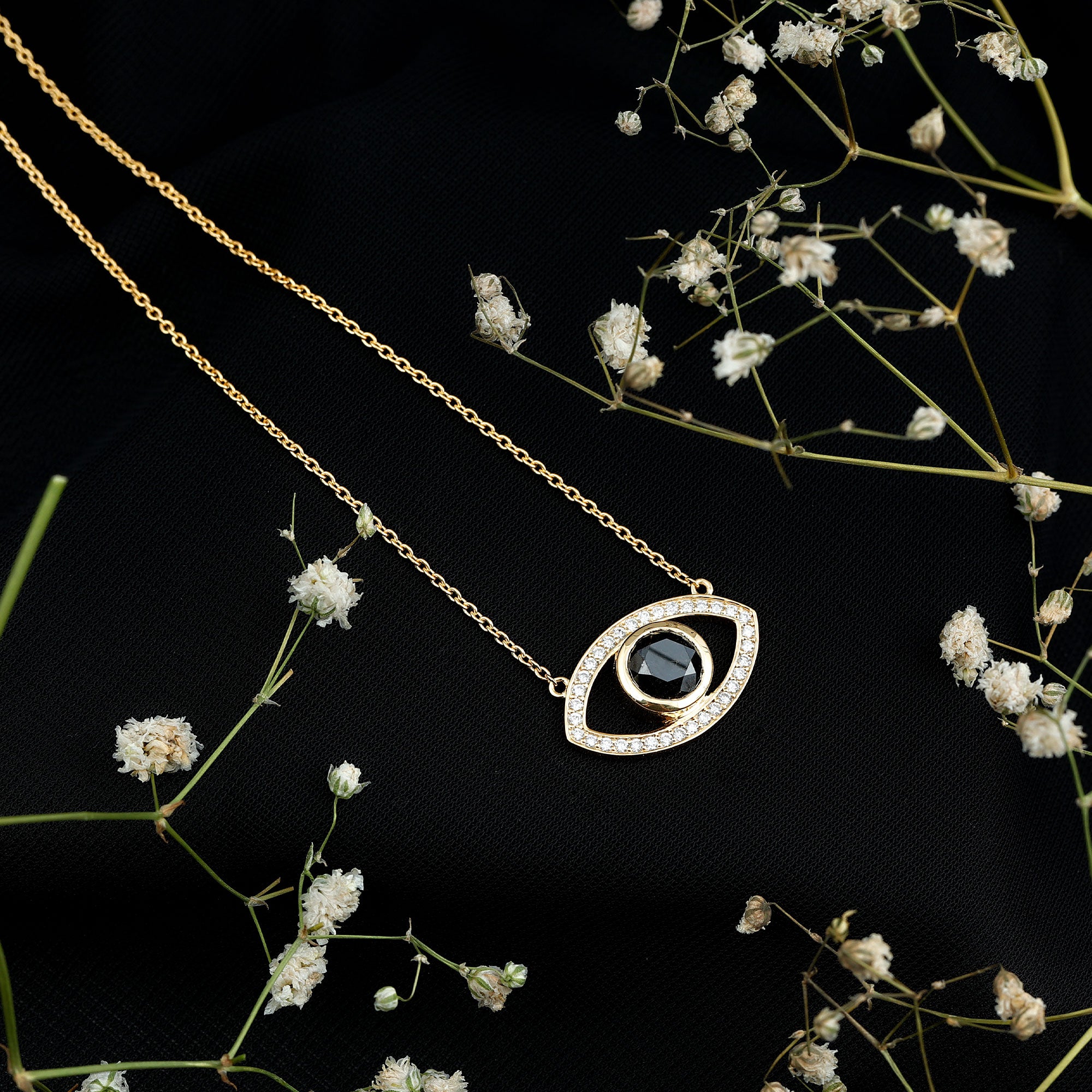 Natural 1.6 Carat Black Diamond Evil Eye Necklace in Yellow Gold Plated Silver AAA 14K Yellow Gold Plated Silver - Rosec Jewels