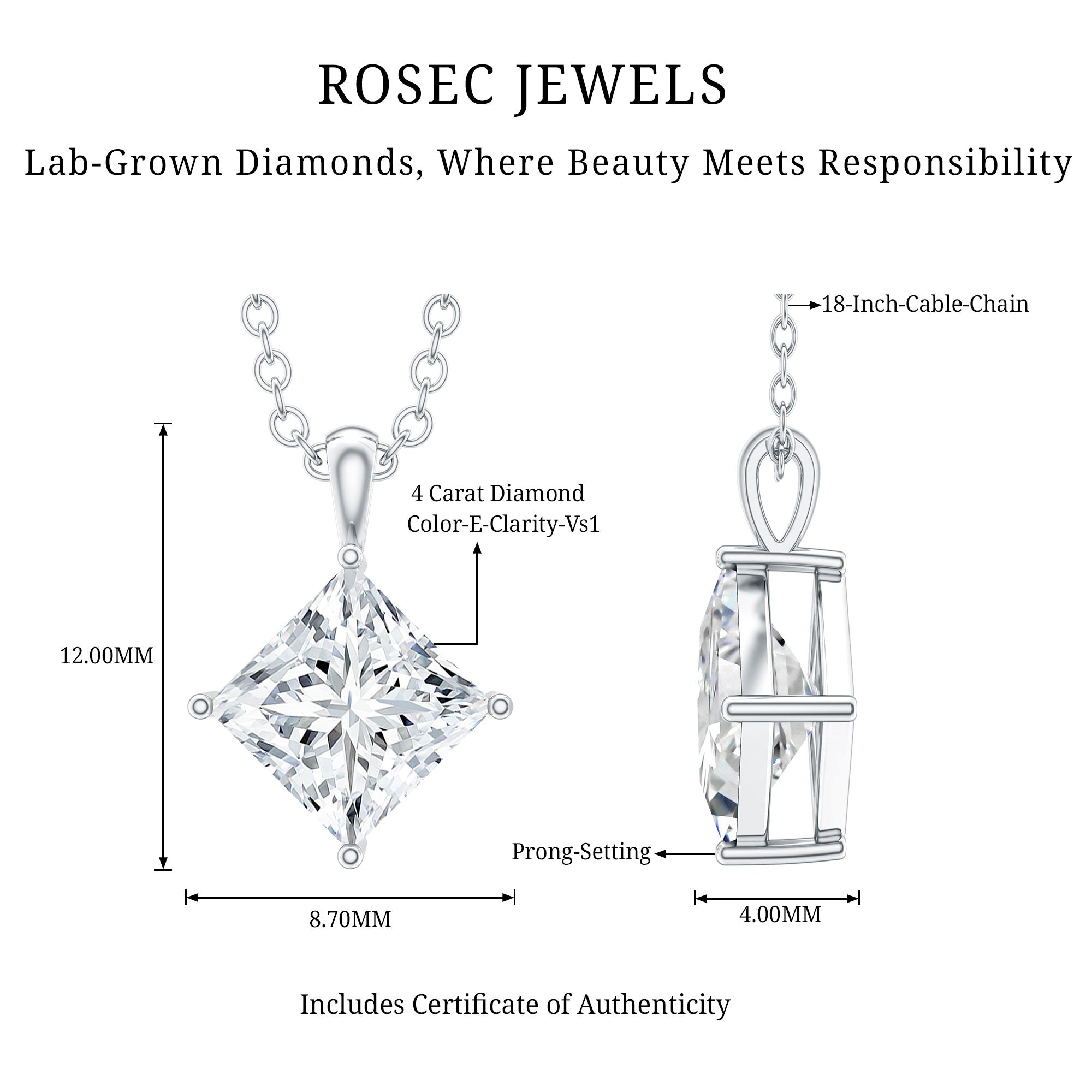 4 Carat Princess Cut Lab Grown Diamond Solitaire Pendant with IGI Certificate Lab - ( E-VS1 ) - Rosec Jewels