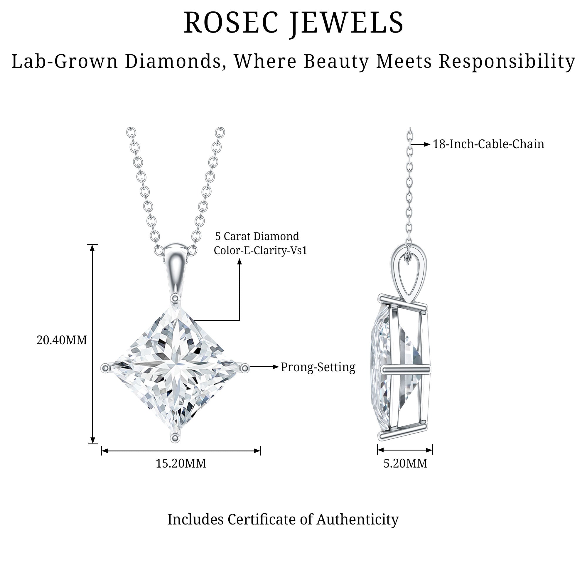 5 Carat Lab Grown Diamond Princess Cut Solitaire Necklace IGI Certified Lab - ( E-VS1 ) - Rosec Jewels
