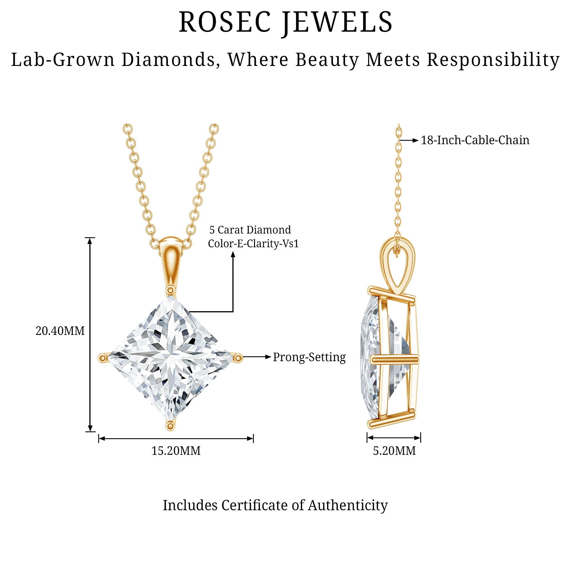 5 Carat Lab Grown Diamond Princess Cut Solitaire Necklace IGI Certified Lab - ( E-VS1 ) - Rosec Jewels