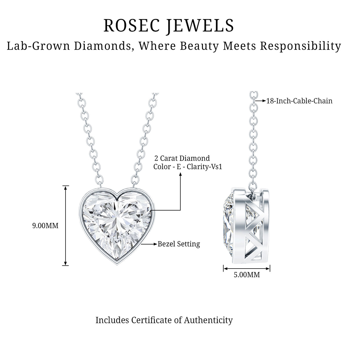 Rosec Jewels-Bezel Set 2 Carat Lab Grown Diamond Heart Necklace with IGI Certificate