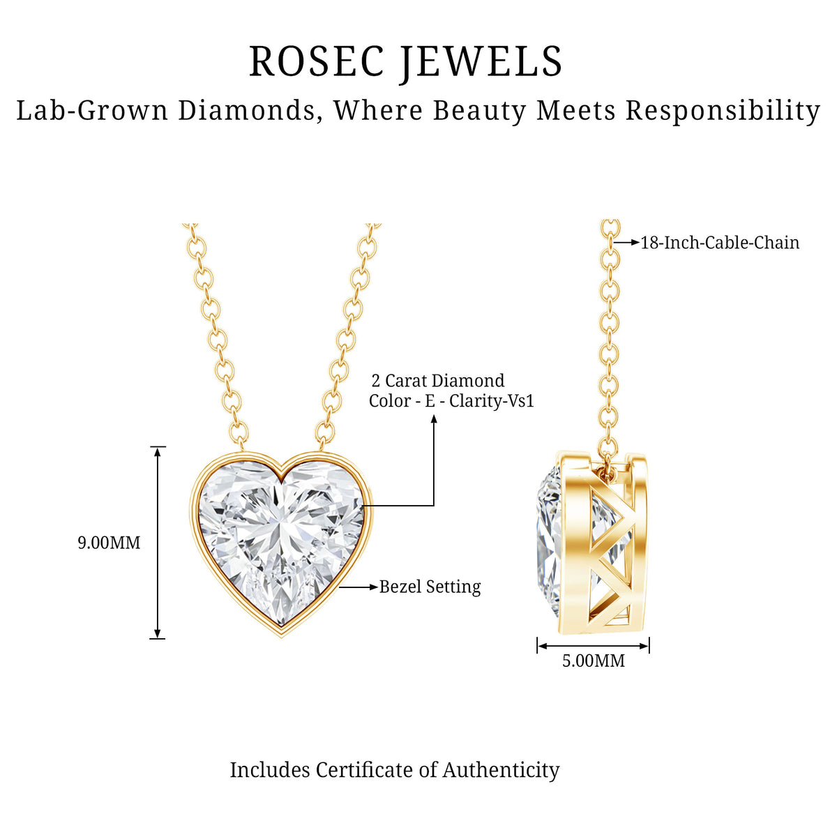 Rosec Jewels-Bezel Set 2 Carat Lab Grown Diamond Heart Necklace with IGI Certificate