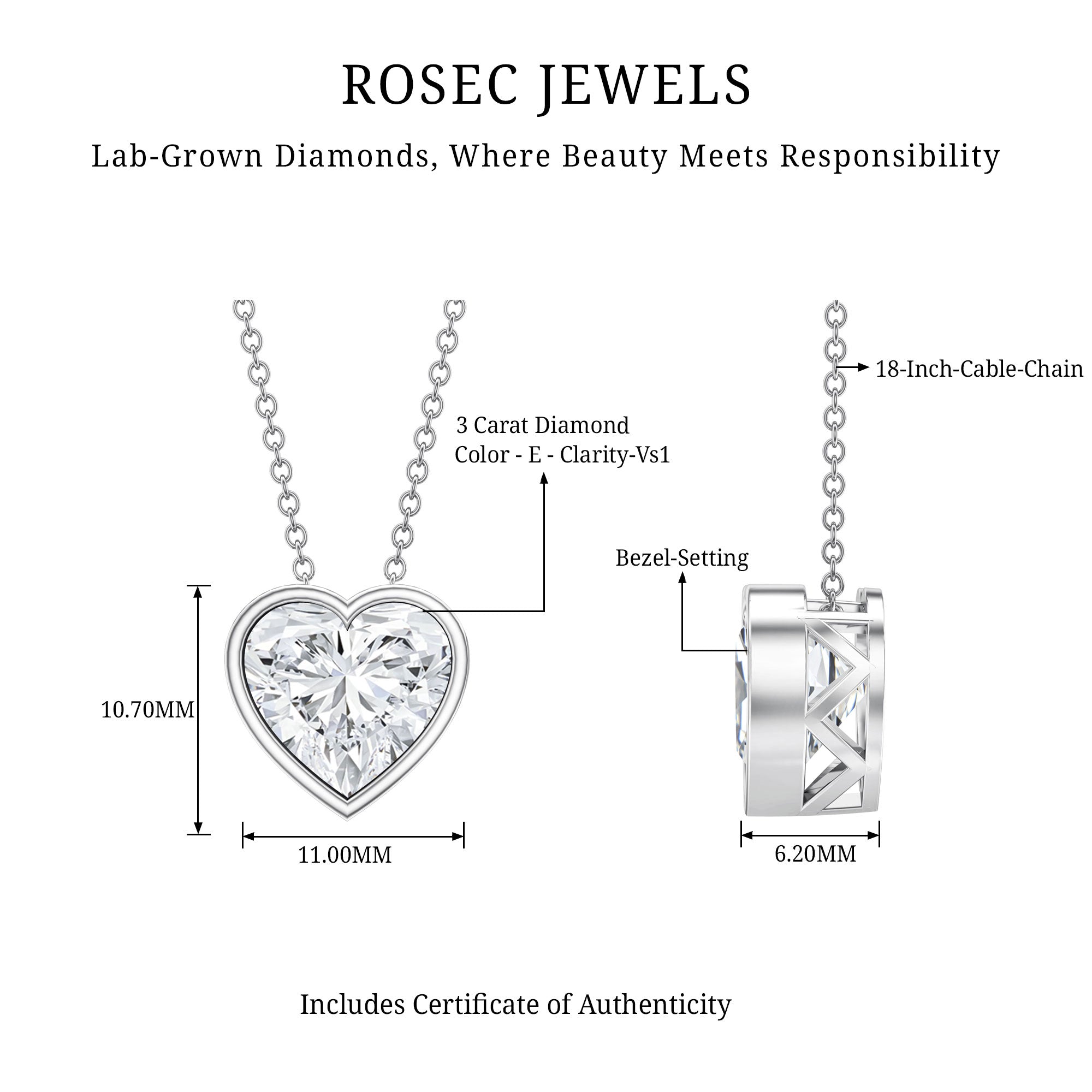 Bezel Set 3 Carat Lab Grown Diamond Heart Necklace with IGI Certificate Lab - ( E-VS1 ) - Rosec Jewels