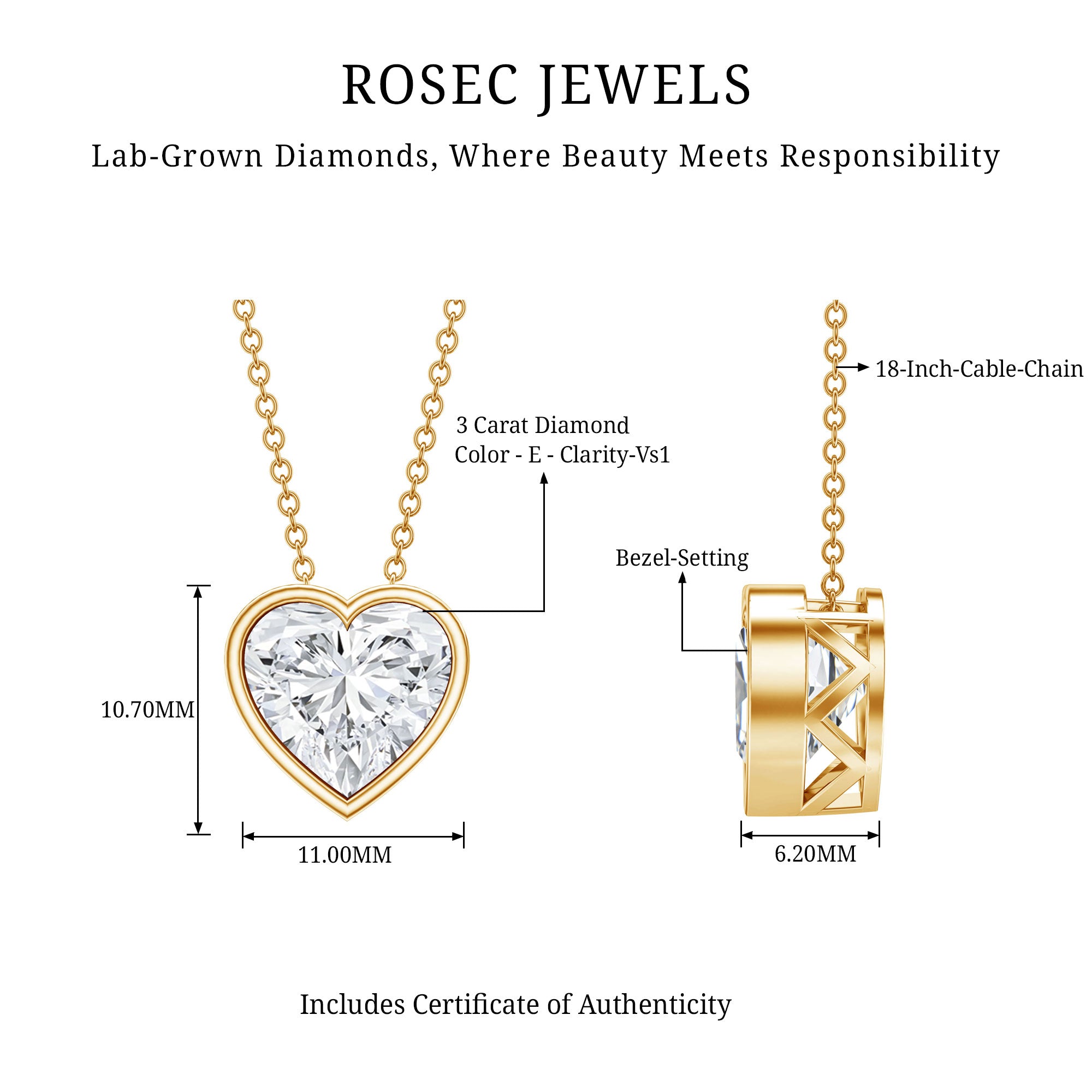Bezel Set 3 Carat Lab Grown Diamond Heart Necklace with IGI Certificate Lab - ( E-VS1 ) - Rosec Jewels