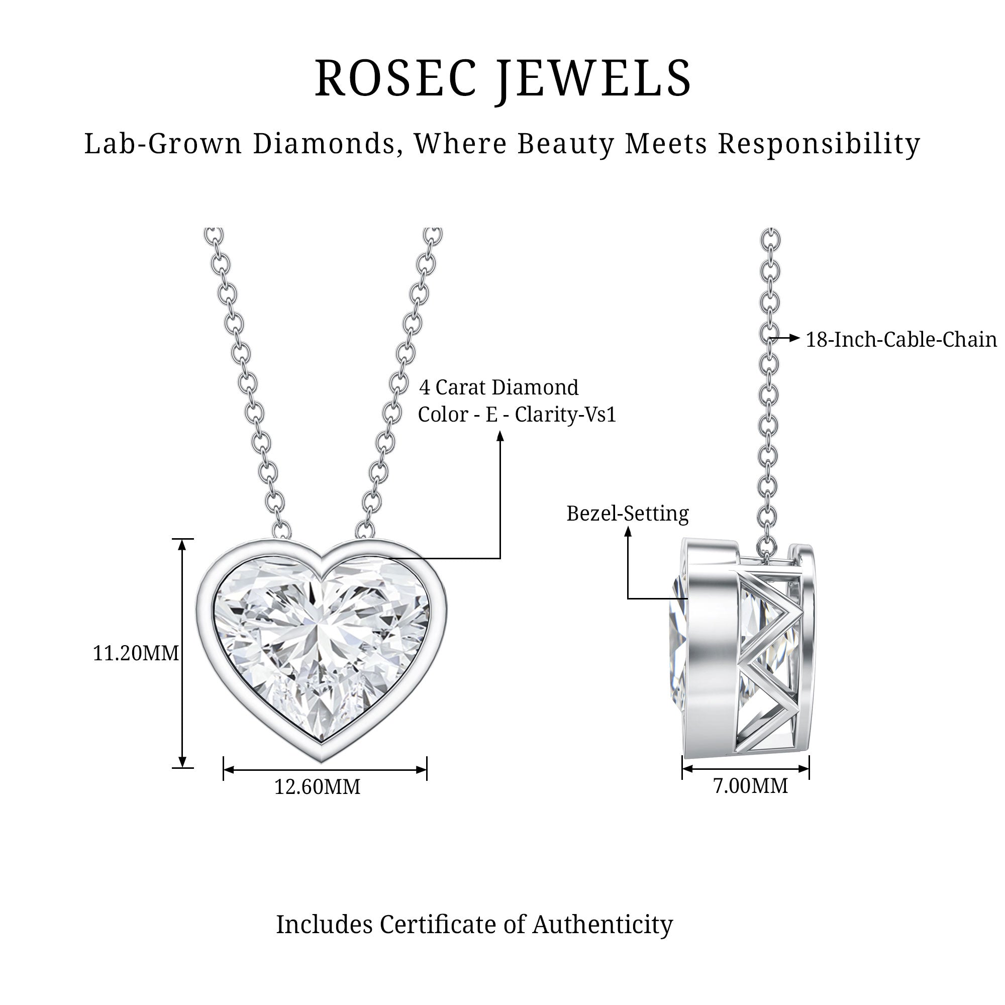 IGI Certified Lab Grown Solitaire Diamond Heart Necklace 4 Carat Lab - ( E-VS1 ) - Rosec Jewels
