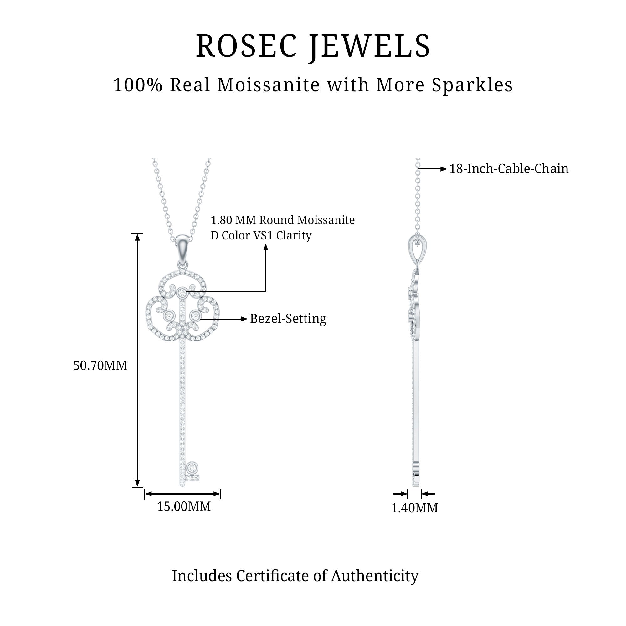 Certified Moissanite Vintage Key Pendant Necklace D-VS1 - Rosec Jewels
