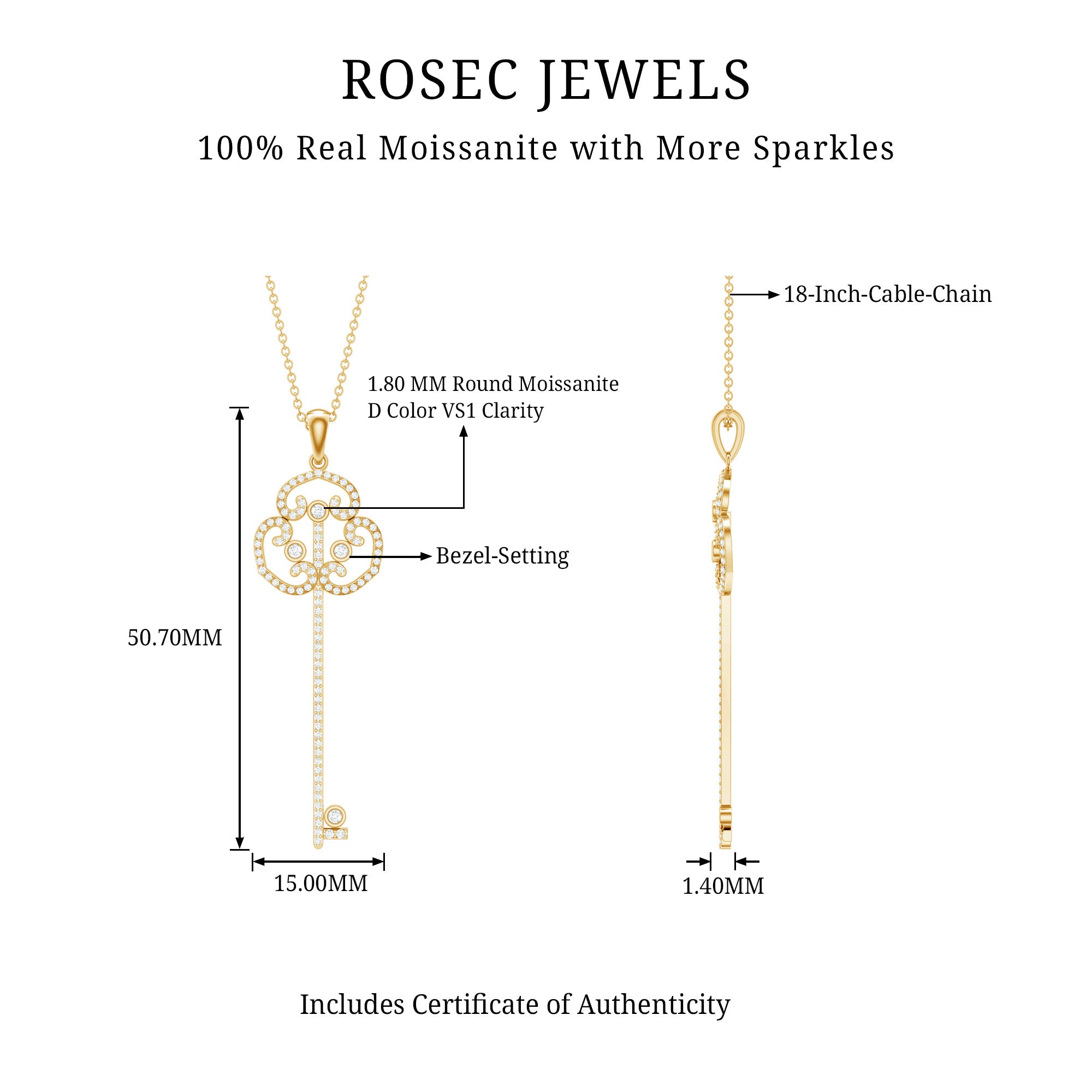 Certified Moissanite Vintage Key Pendant Necklace D-VS1 - Rosec Jewels