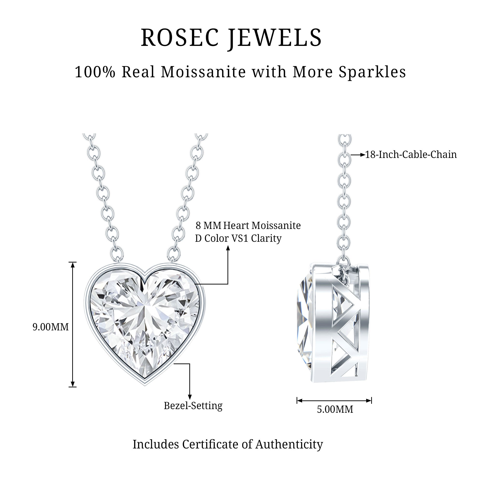 2 Carat Heart Shape Moissanite Solitaire Necklace in Bezel Setting D-VS1 - Rosec Jewels