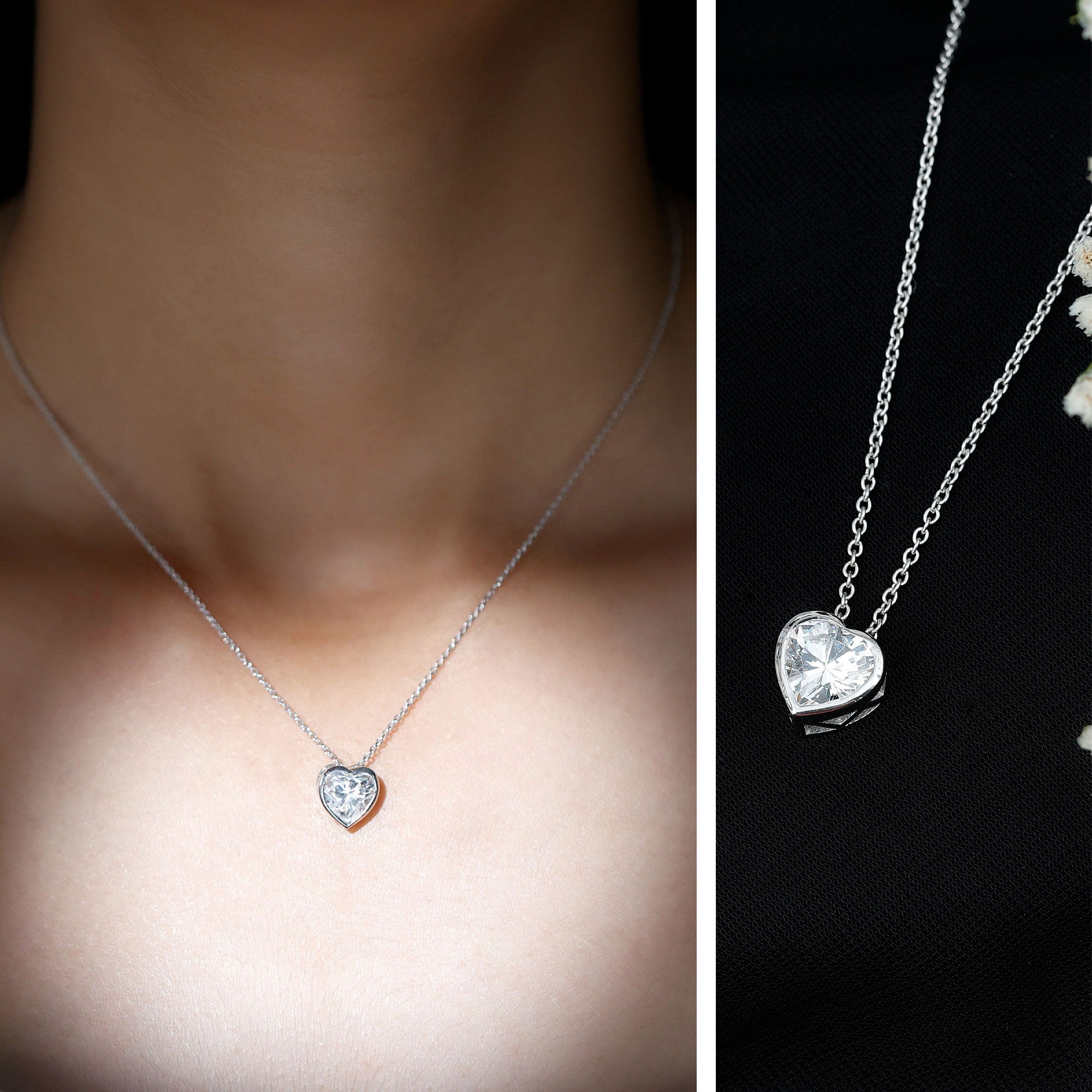 2 Carat Heart Shape Moissanite Solitaire Necklace in Bezel Setting D-VS1 - Rosec Jewels