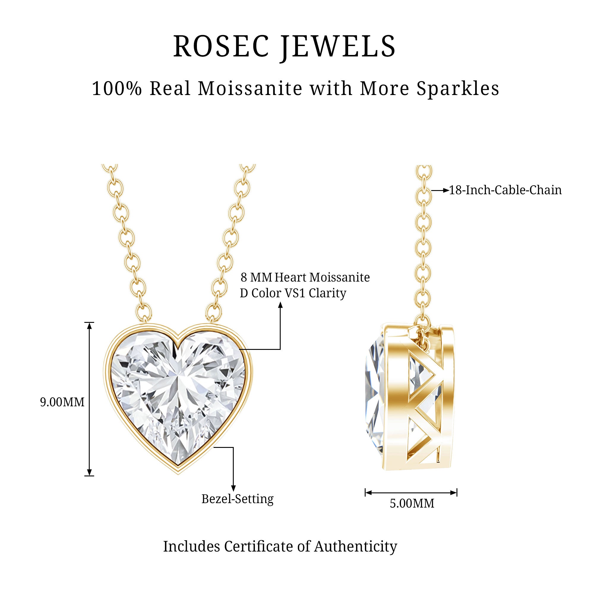 2 Carat Heart Shape Moissanite Solitaire Necklace in Bezel Setting D-VS1 - Rosec Jewels