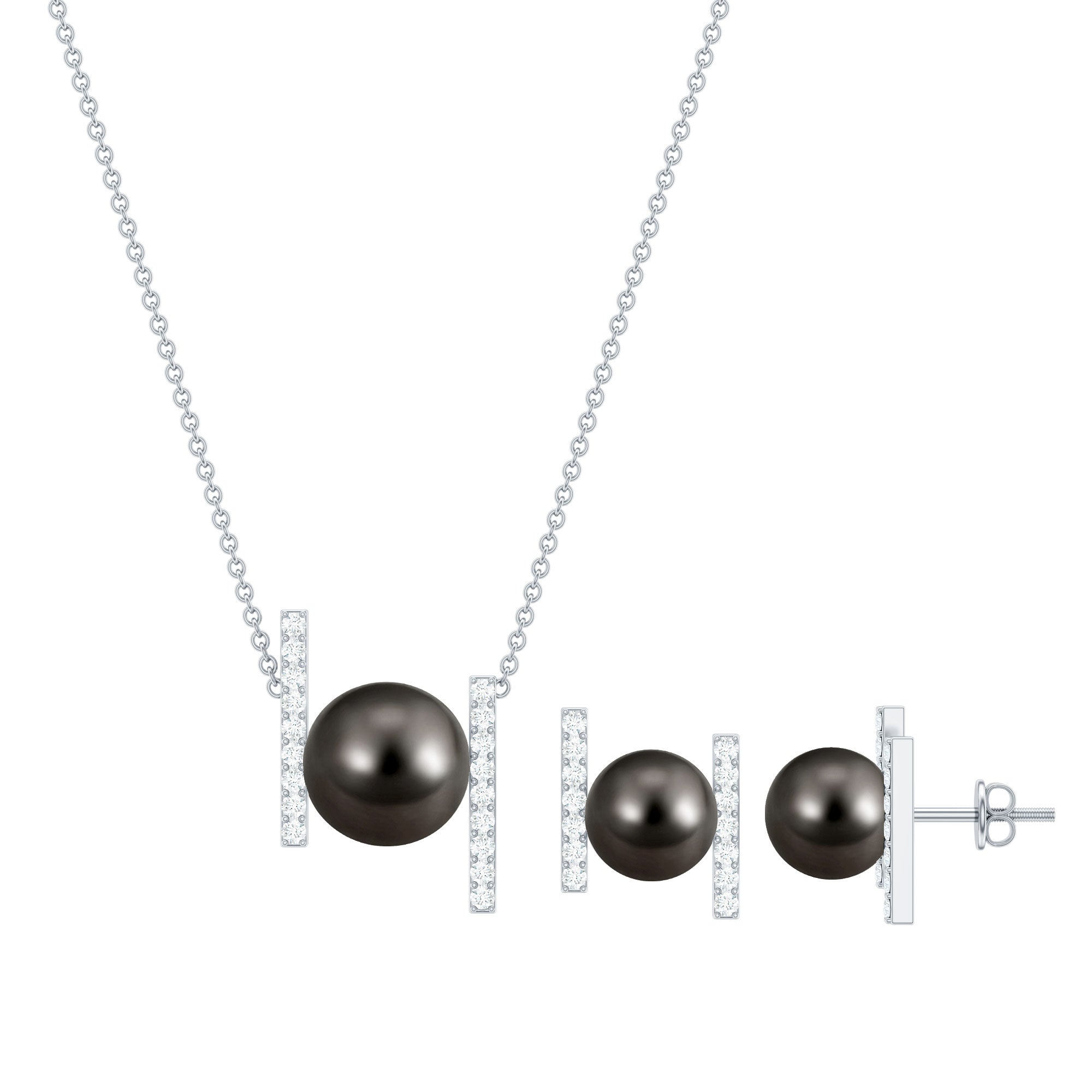 Black Tahitian Pearl Necklace and Earrings Set with Moissanite